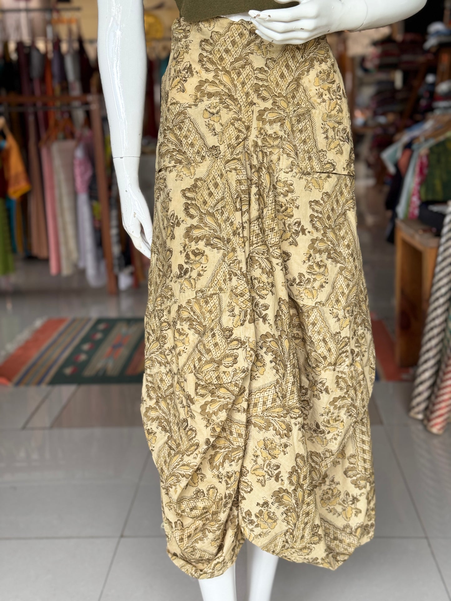 Olive green on beige Kalamkari hand block printed cotton designer skirt - with pockets