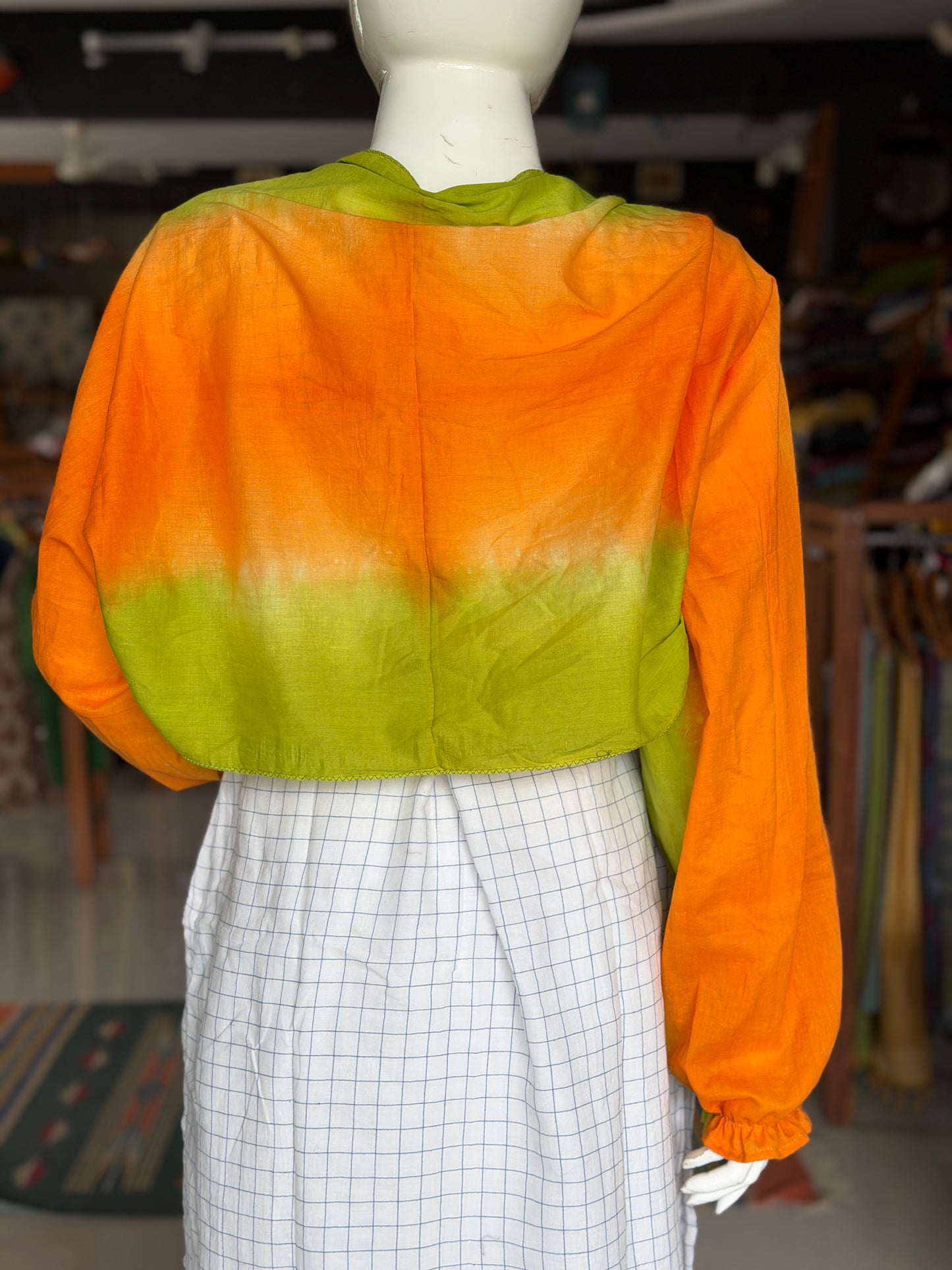 Saffron orange and green tie dye hand crafted cotton short shrug with full sleeves