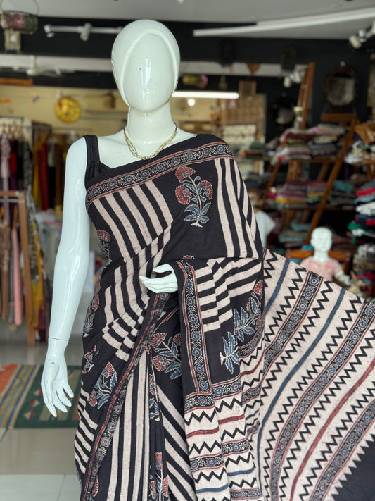 Kala cotton hand woven saree with black stripes and flowers Ajrakh hand block print