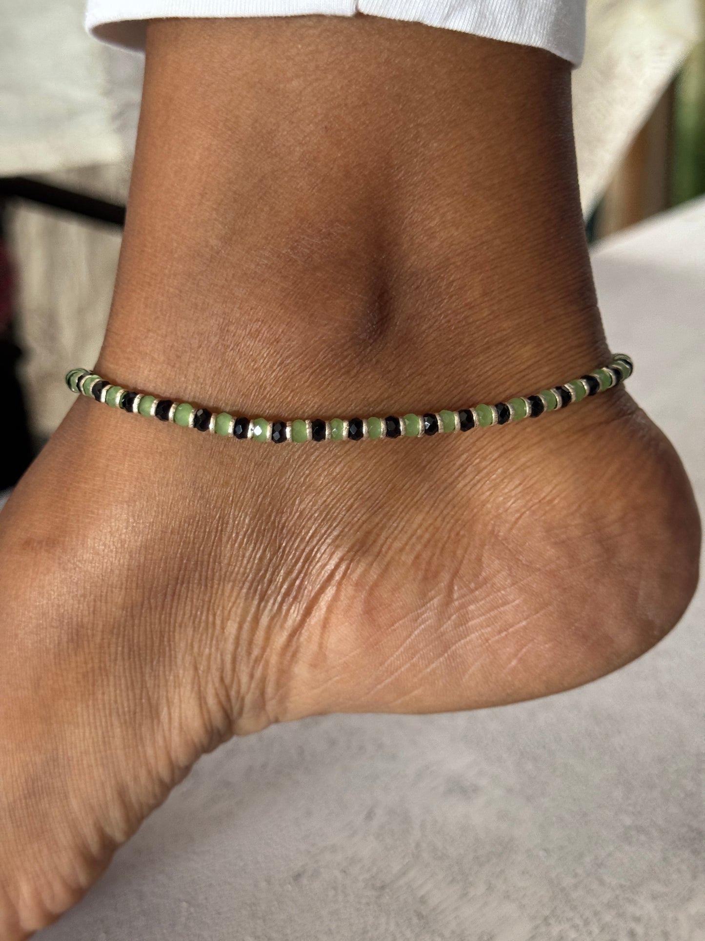 Green and Black beads nazariya sterling silver anklet single