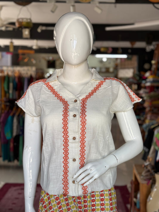 Off white handwoven cotton shirt with hand embroidery and elastic hem