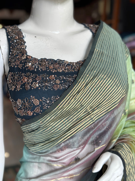 Teal hand embroidered georgette sleeveless blouse with work on front and back