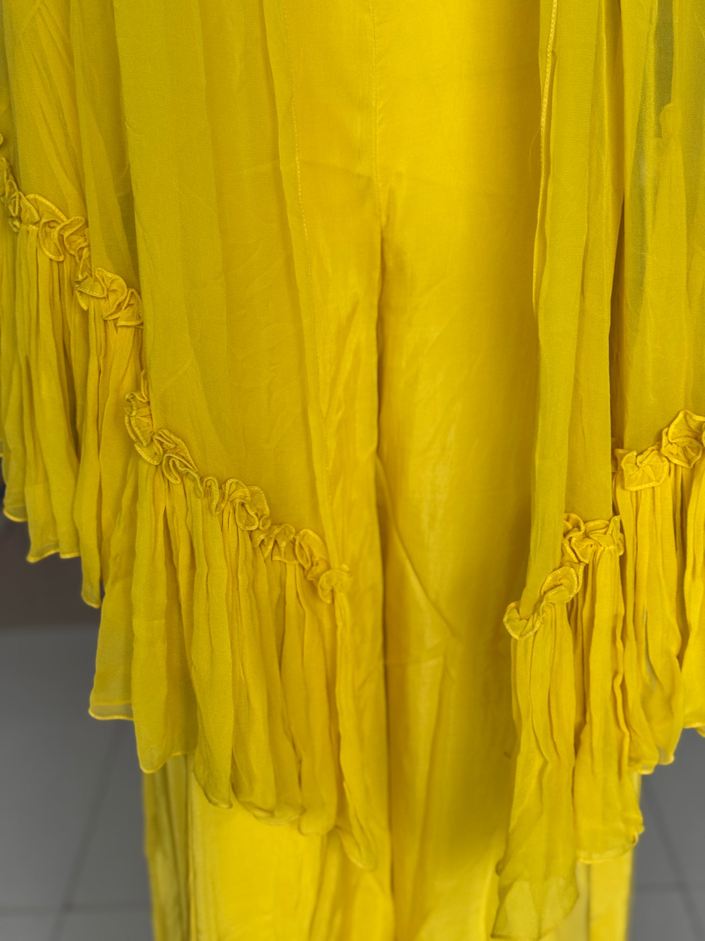 Yellow hand embroidered georgette blouse top, satin plazo and georgette ruffles dupatta - 3 piece set