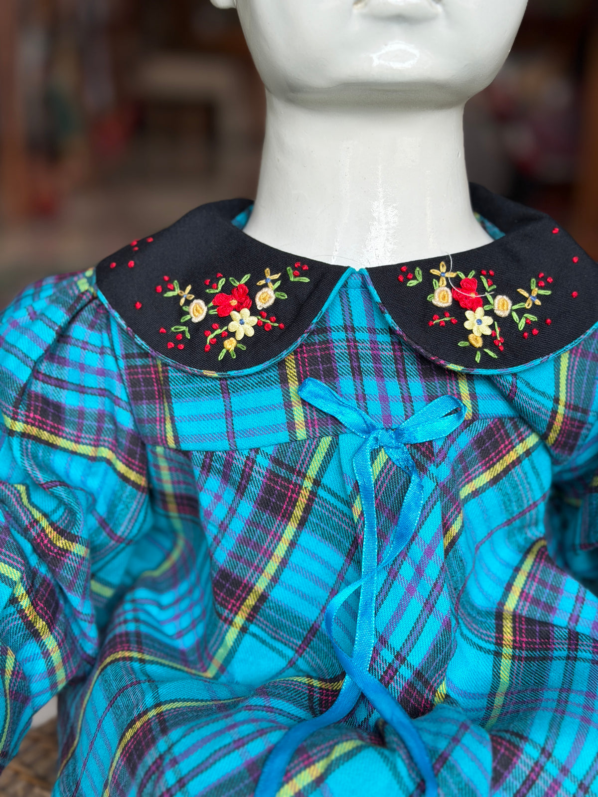 Blue checks long sleeves dress with hand embroidered Peter Pan collar