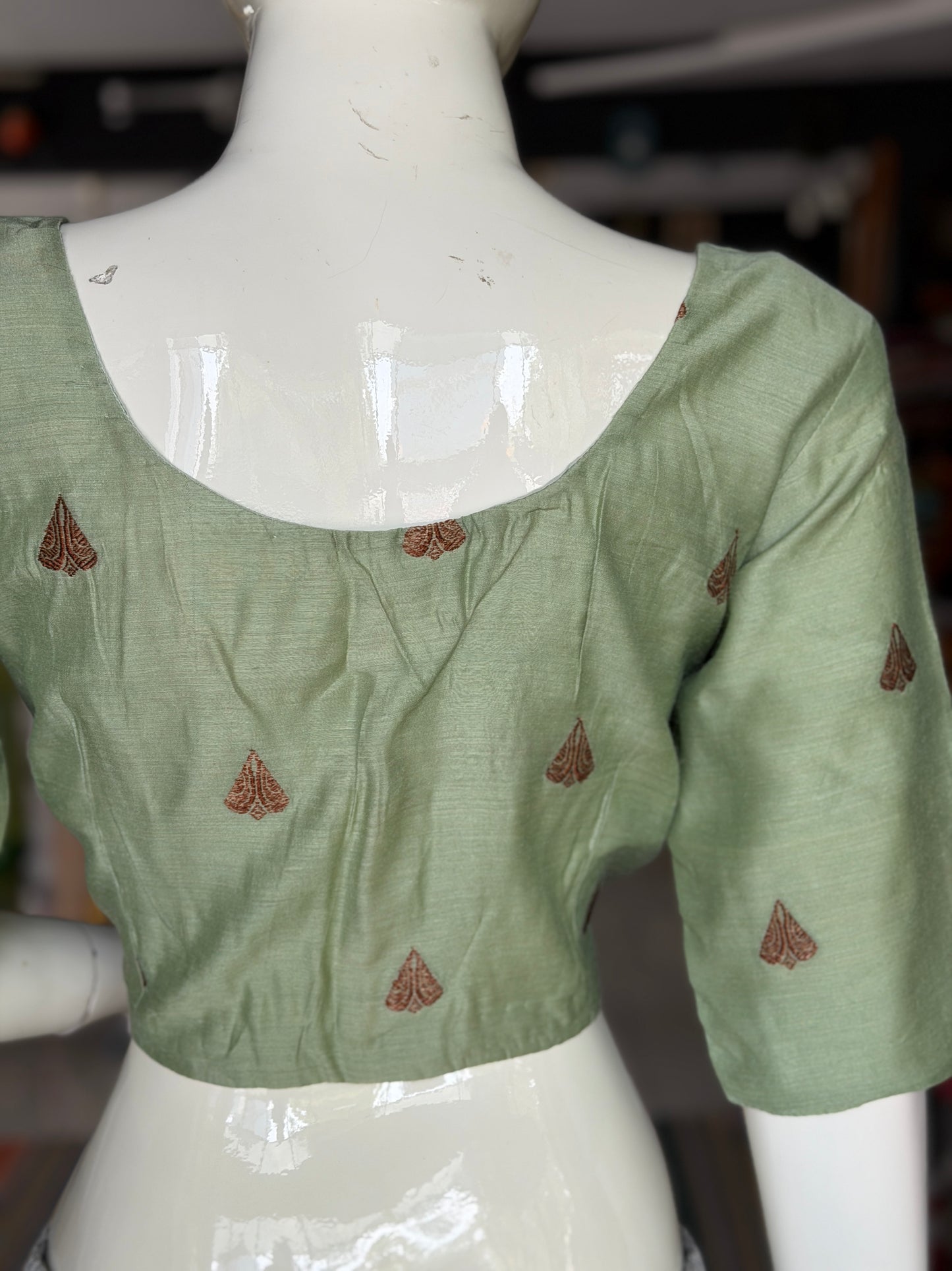 Sage green handwoven pure silk elbow sleeved blouse - both front and back open options available
