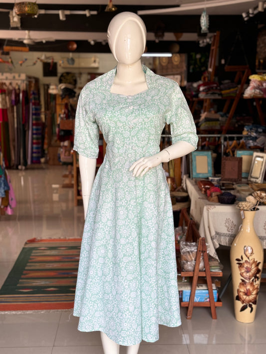 Sea Green floral hand block printed cotton dress with neck detailing