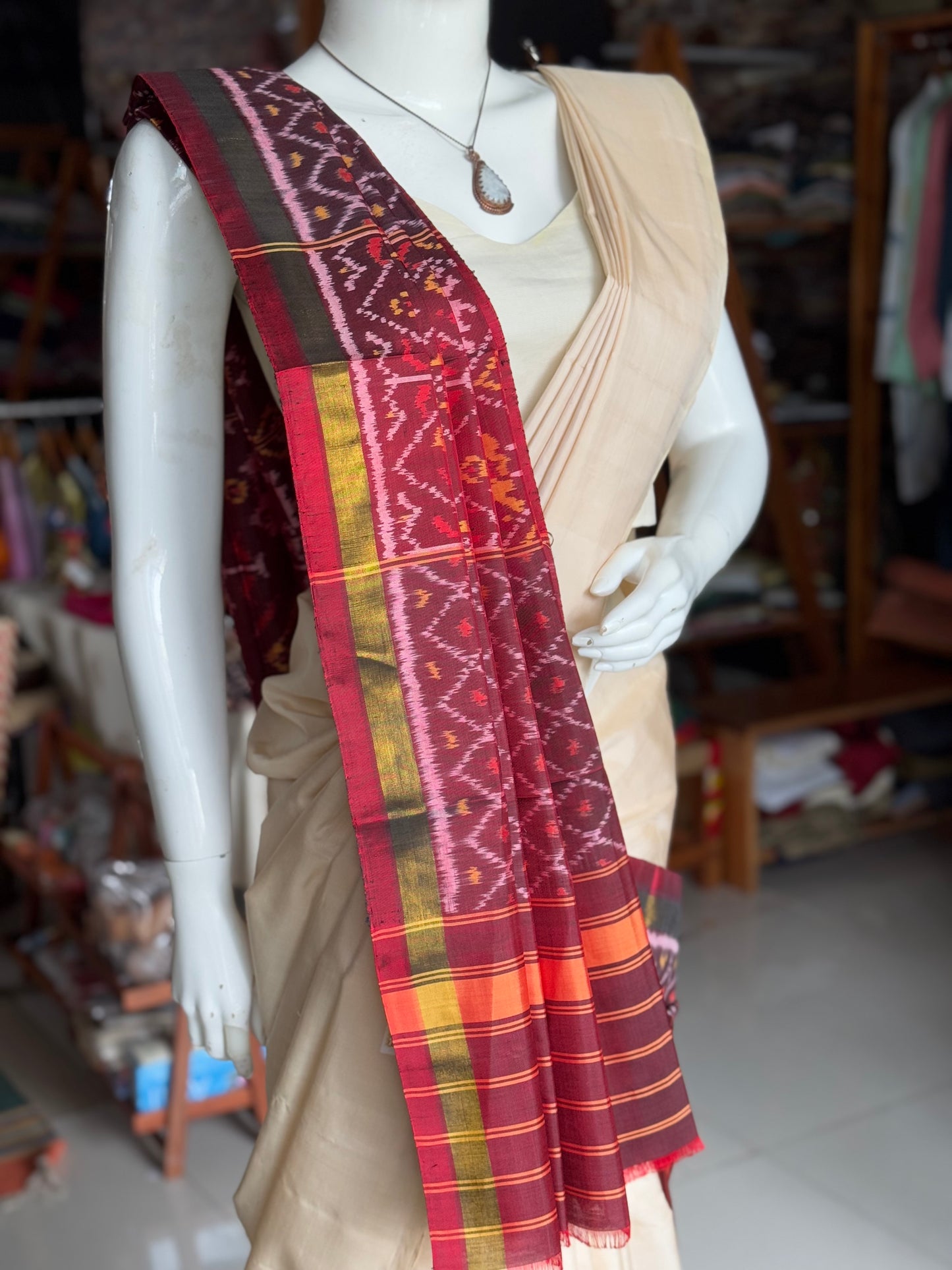 Maroon handwoven mulberry silk ikat patola dupatta