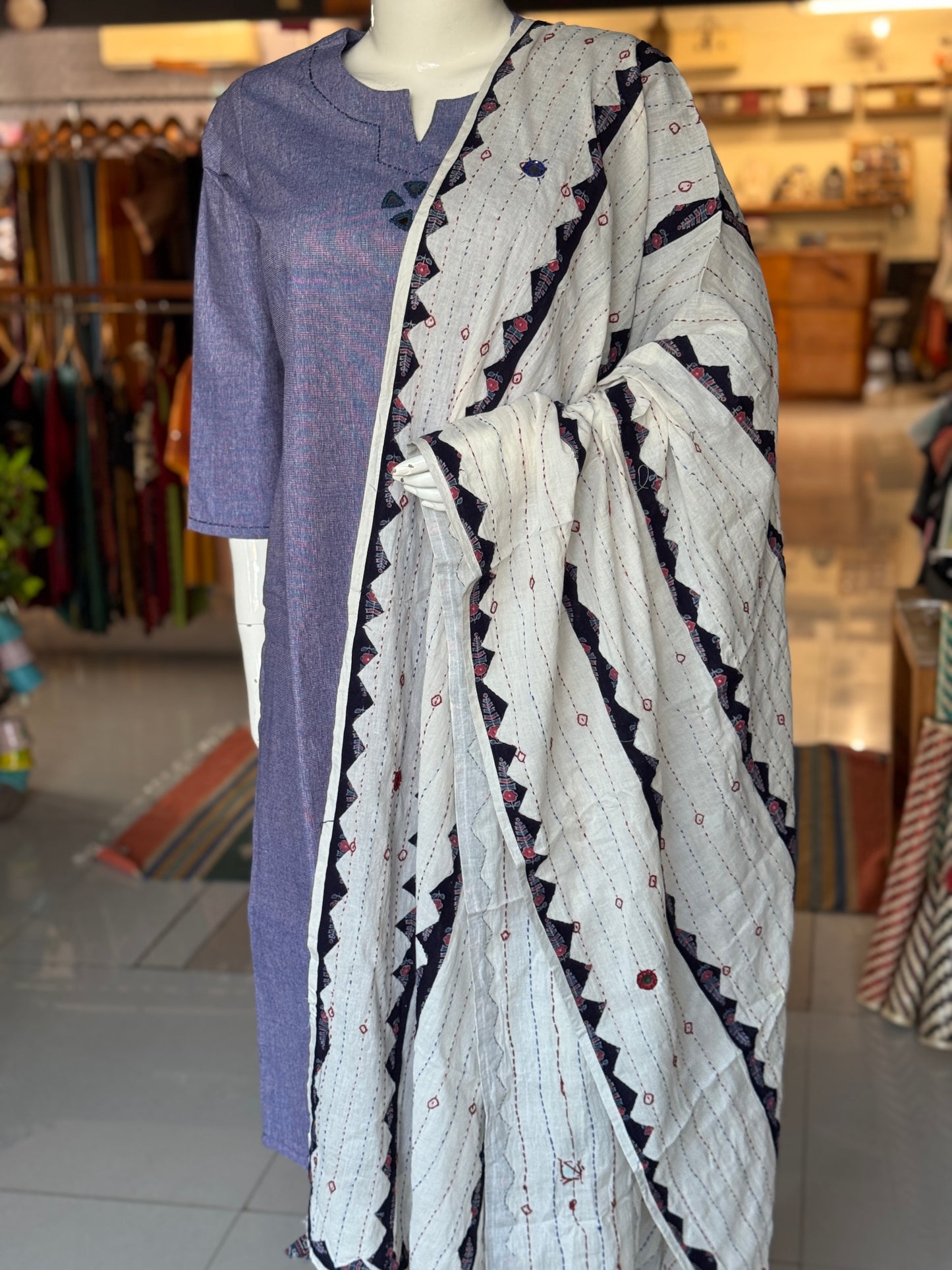 Appliq n hand embroidered mirror work cotton dupatta - click to see multiple designs