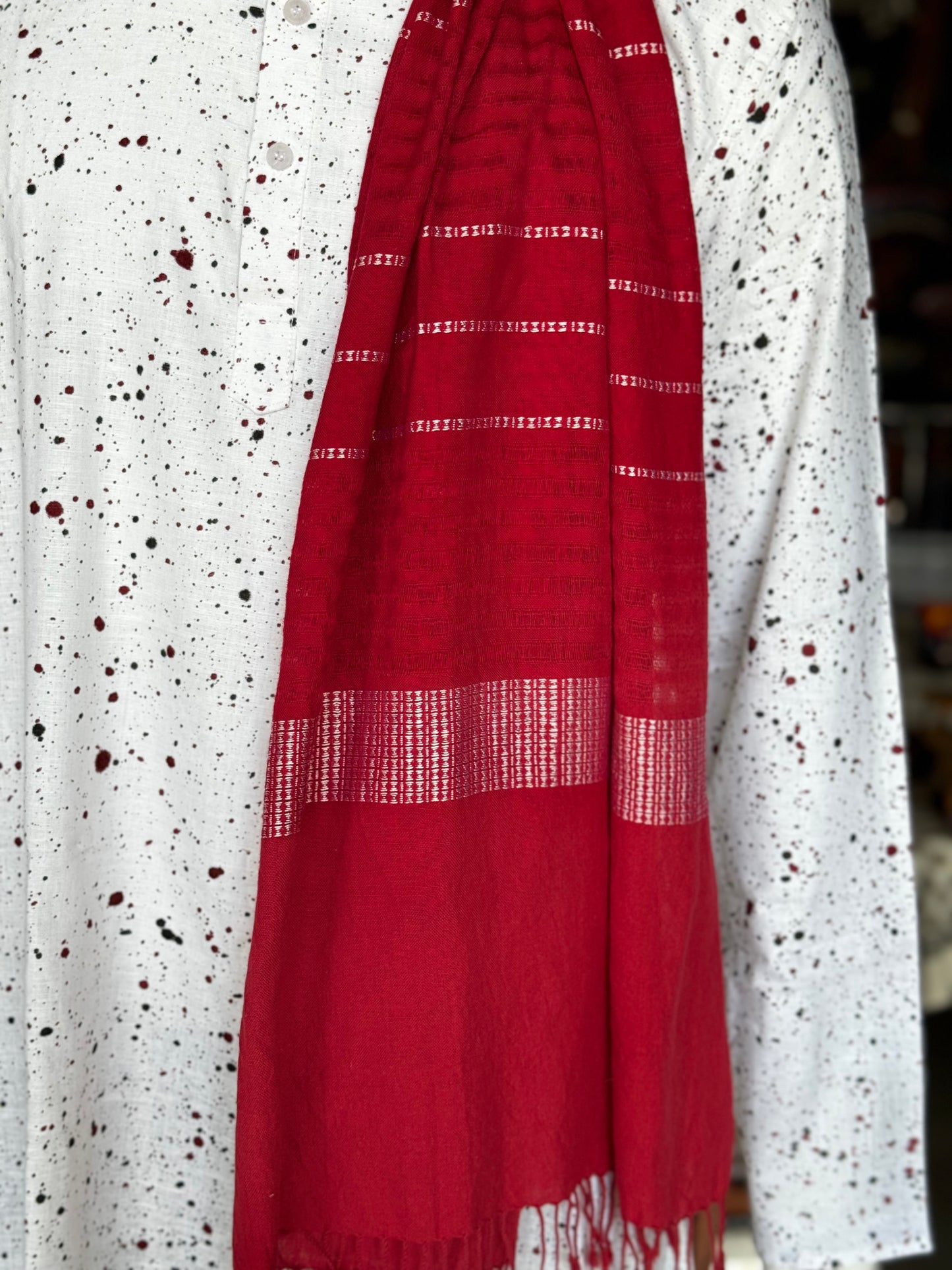 Red cotton handloom stole with missing lines weave