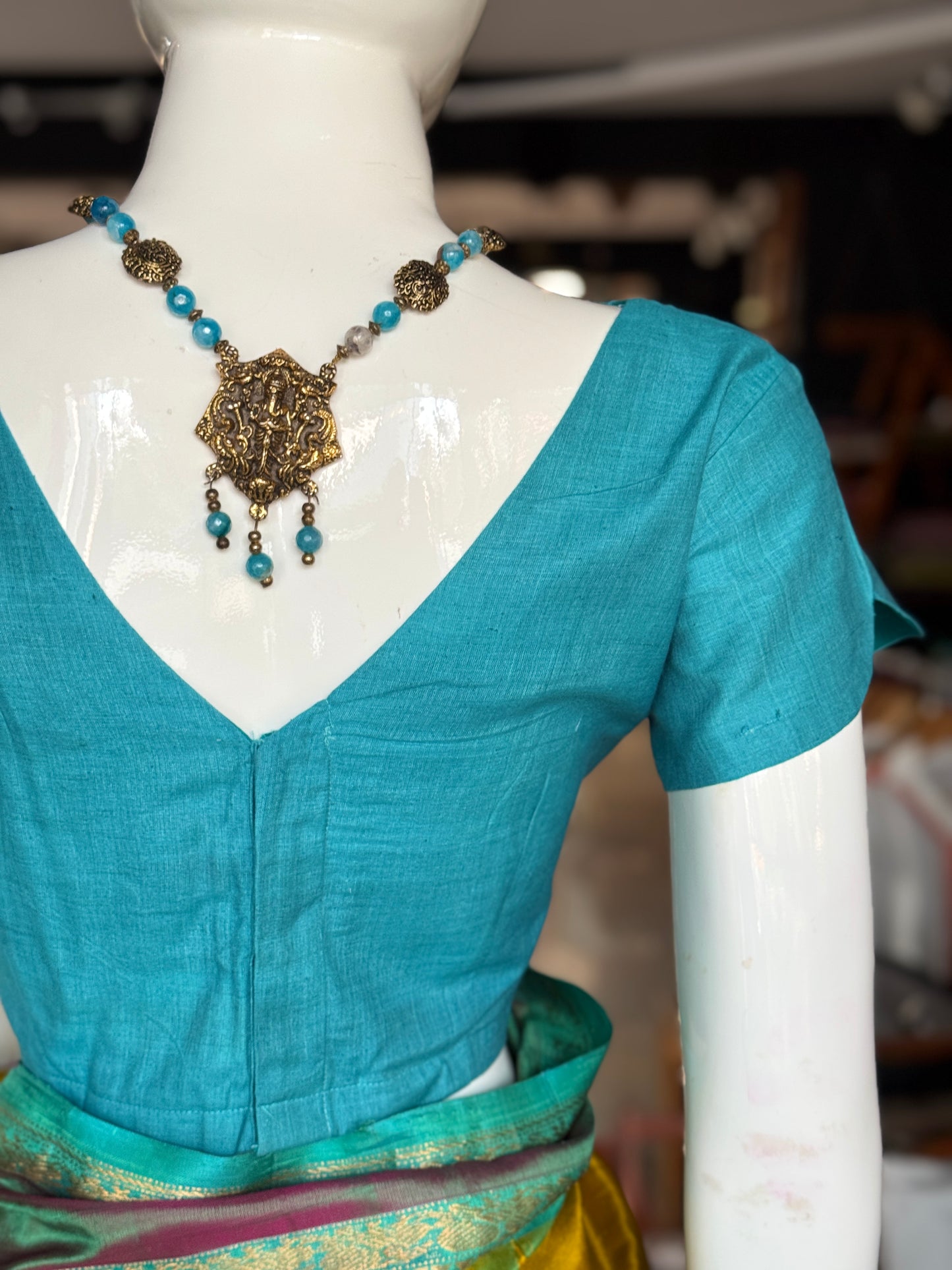 Teal blue tussar x matka silk back open blouse with short sleeves