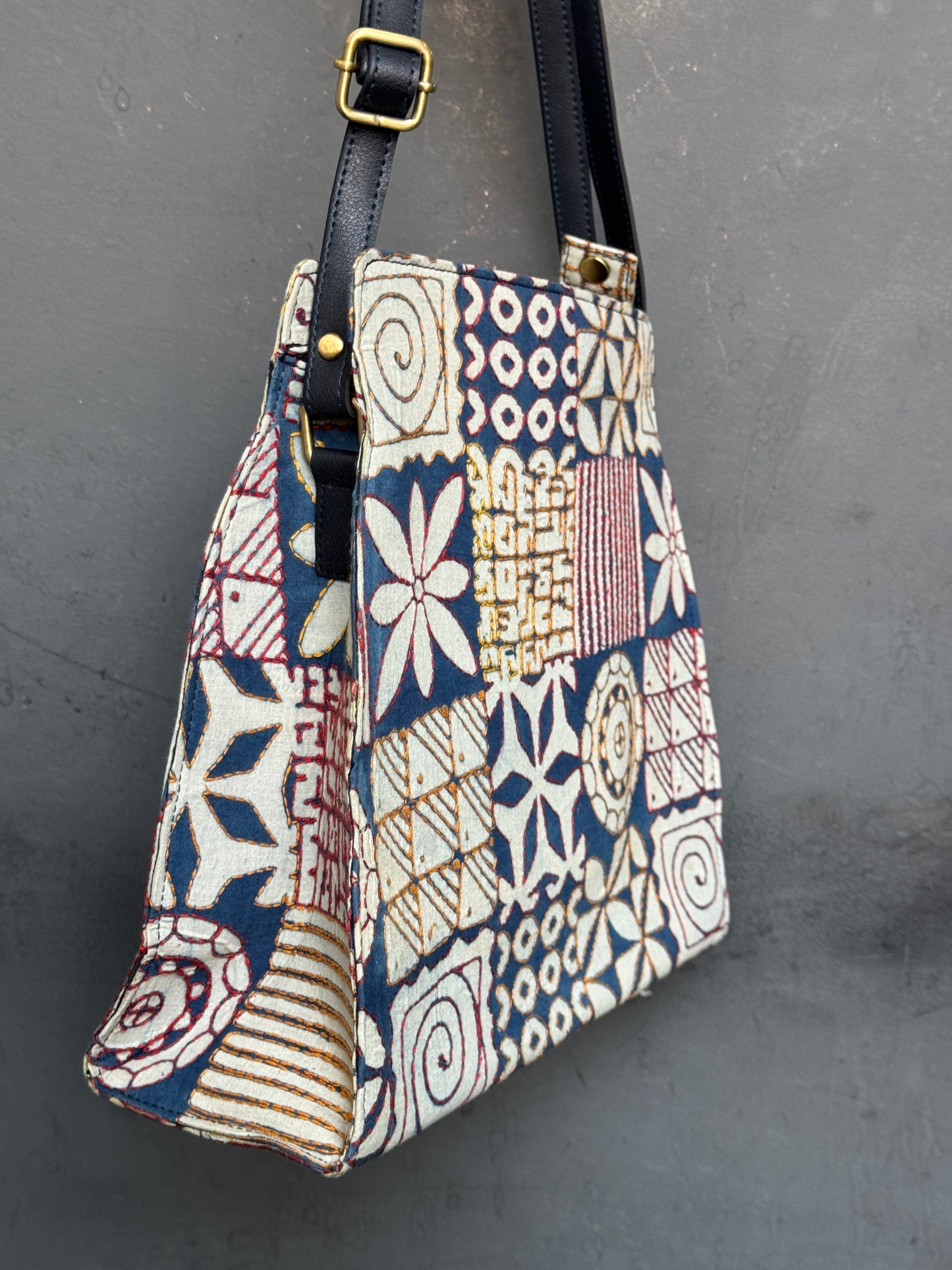 Kantha hand embroidered printed fabric sling bag with adjustable straps