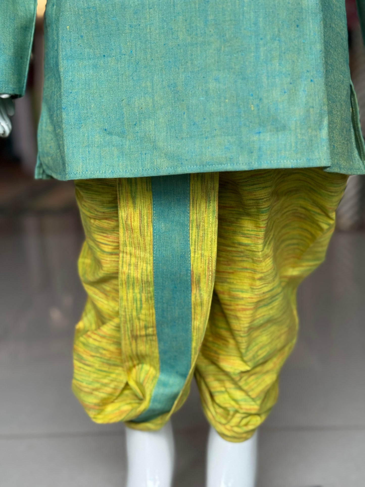Green and yellow hand spun hand woven cotton kurta, dhoti - 2 piece cotton ethnic set for boys