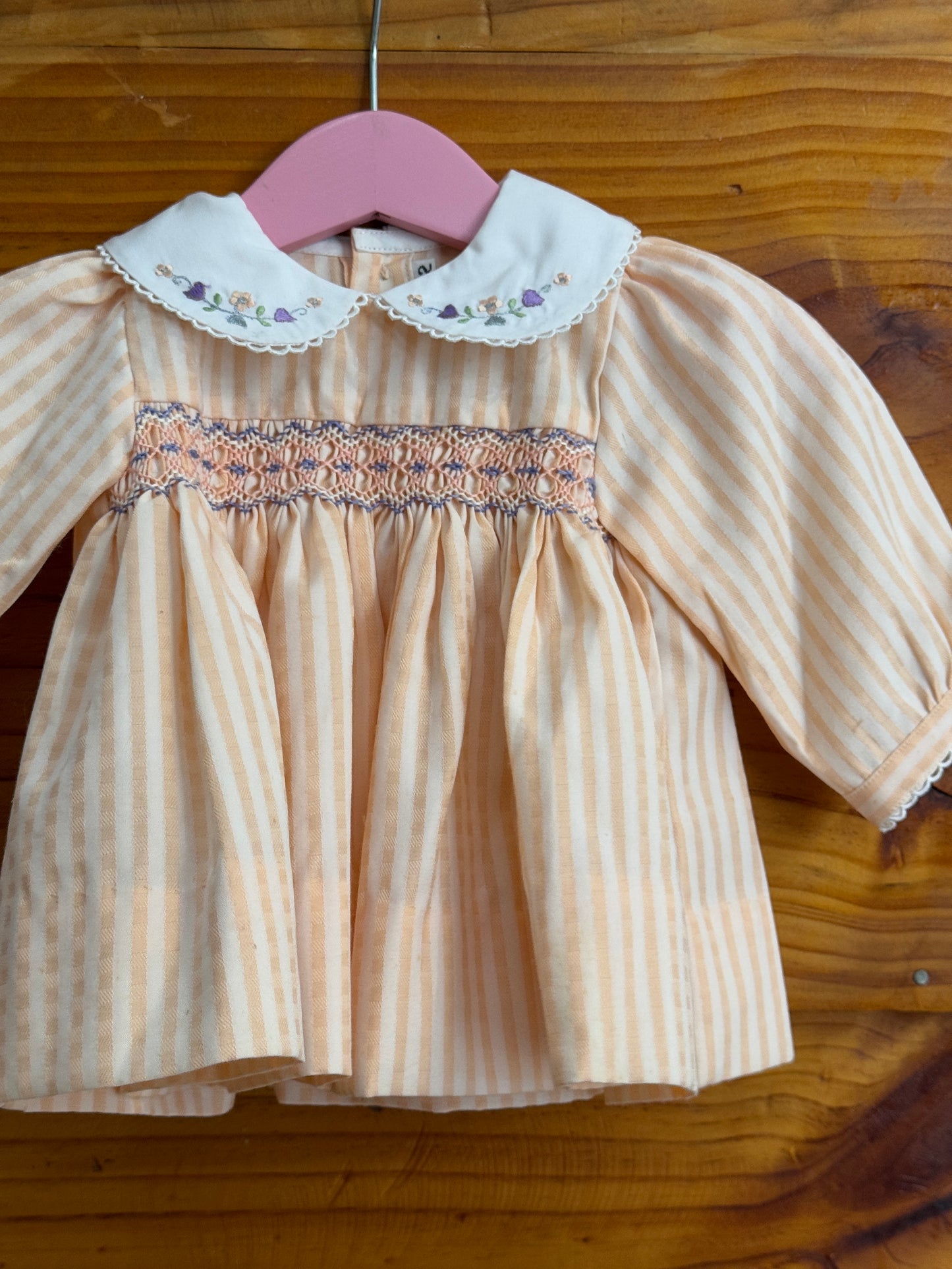Peach stripes Peter Pan collared smocking cotton new born baby frock with cute embroidery