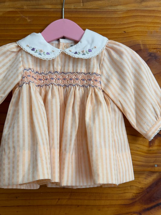 Peach stripes Peter Pan collared smocking cotton new born baby frock with cute embroidery