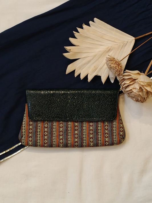 Leather hand embossed flap purse / clutch with hand block printed fabric base