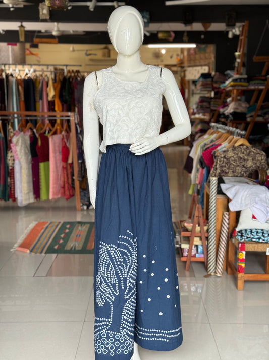 Placement bandini cotton blue flared pants with hand tie n dye tree design - free size