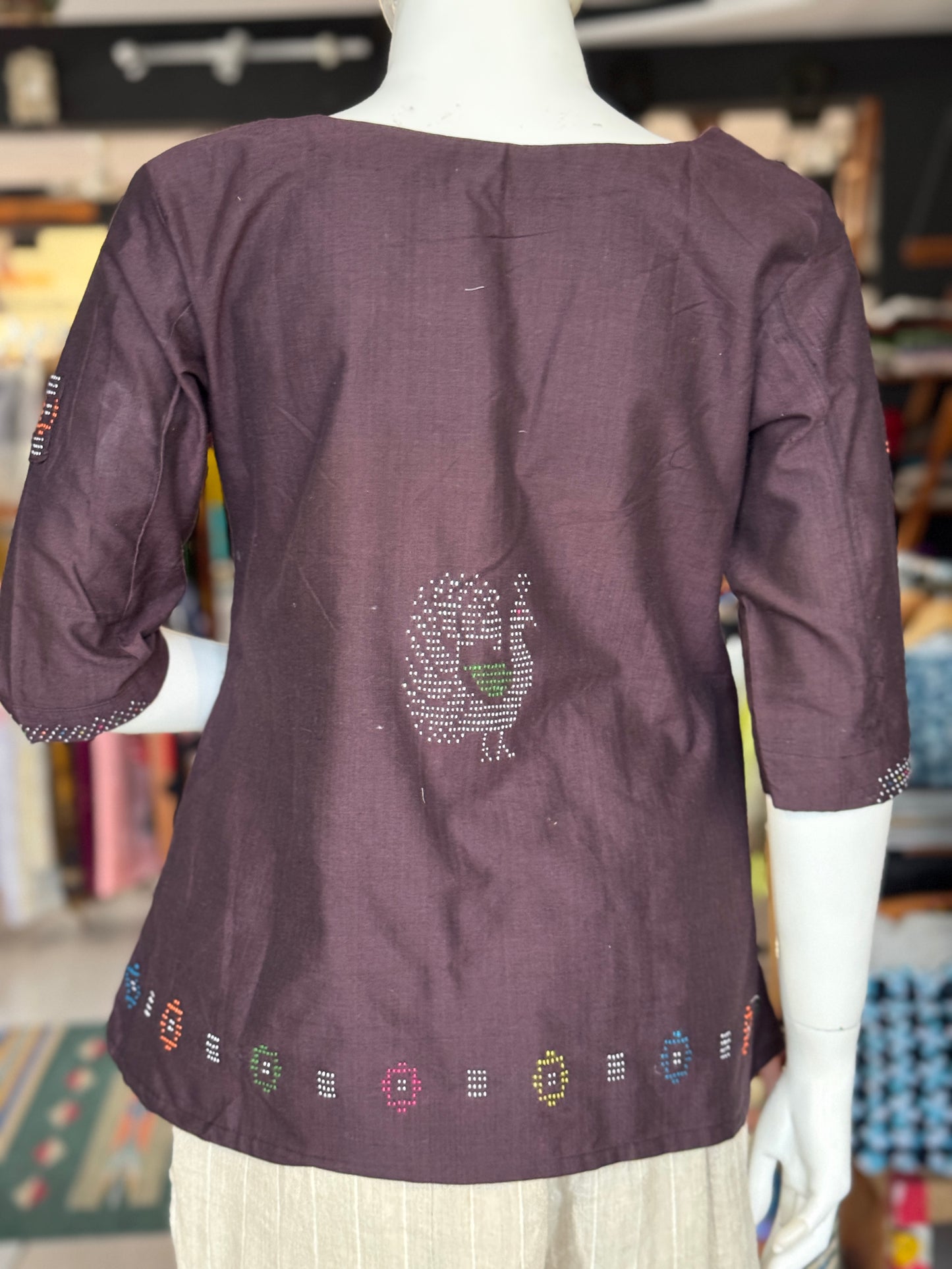 Tangaliya handloom brown cotton top with rose n deer motifs