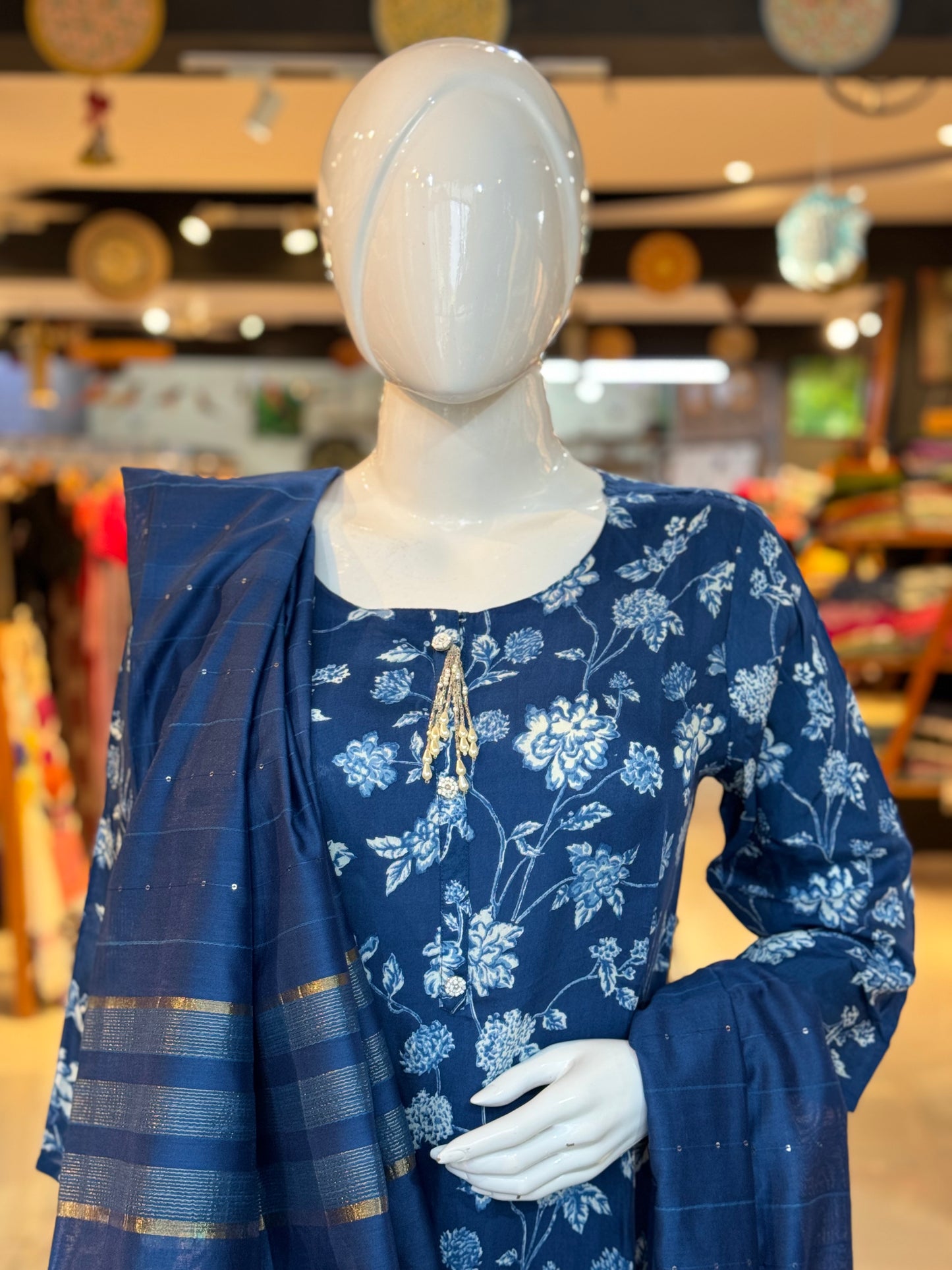 Navy blue floral soft muslin schiffli suit set with straight pants and dupatta
