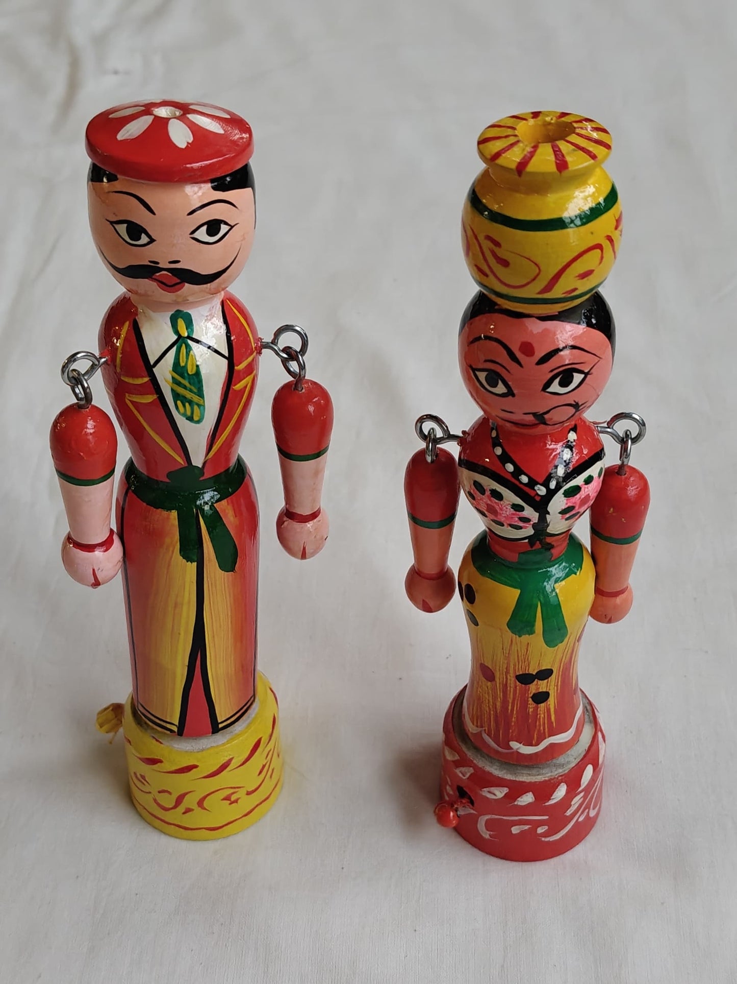 Pull out dancing dolls couple - Colourful handmade wooden hand painted set of male and female rotating doll