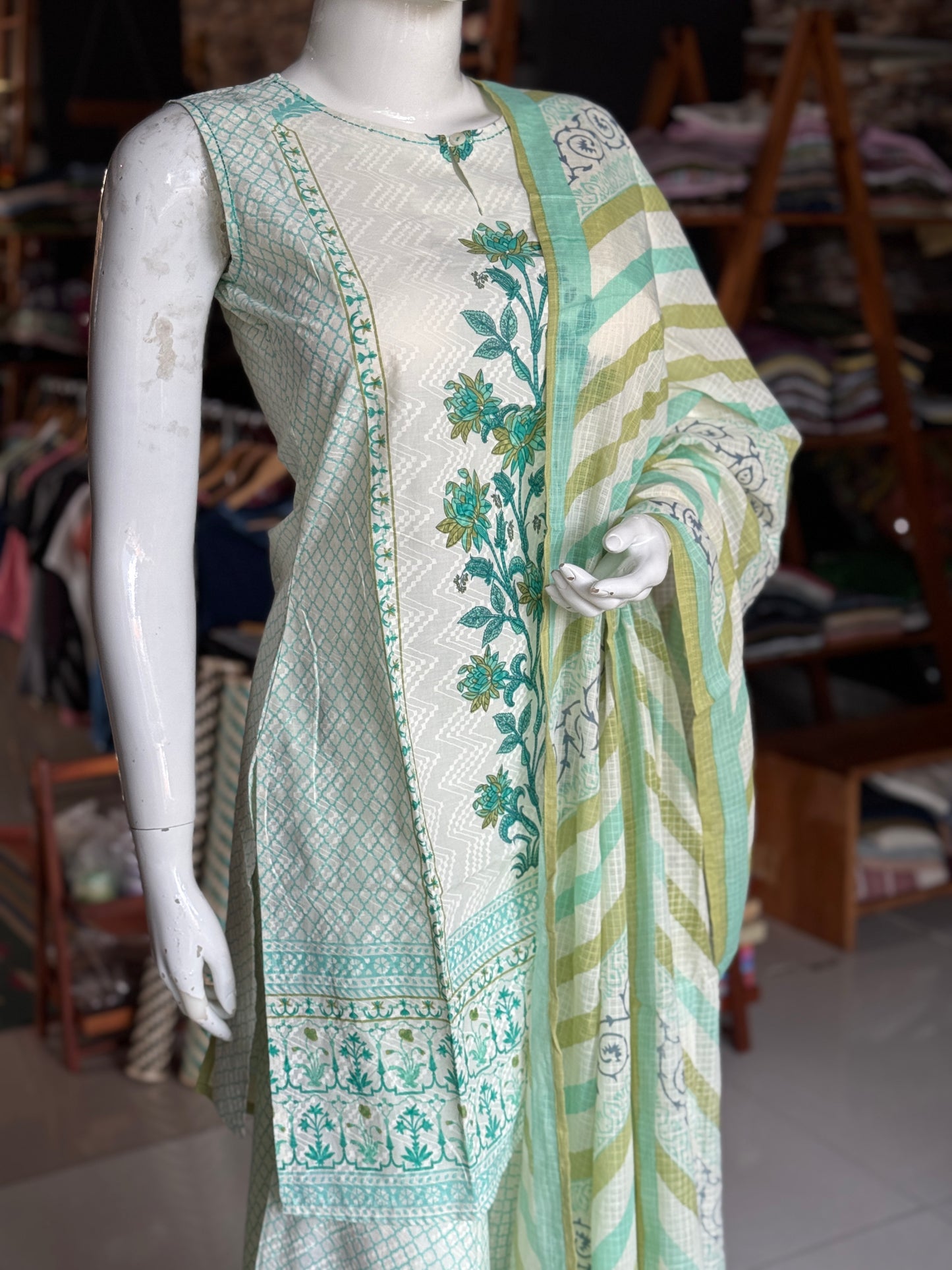 Green n white cotton short kurti, sharara pants and dupatta - 3 piece hand block printed set