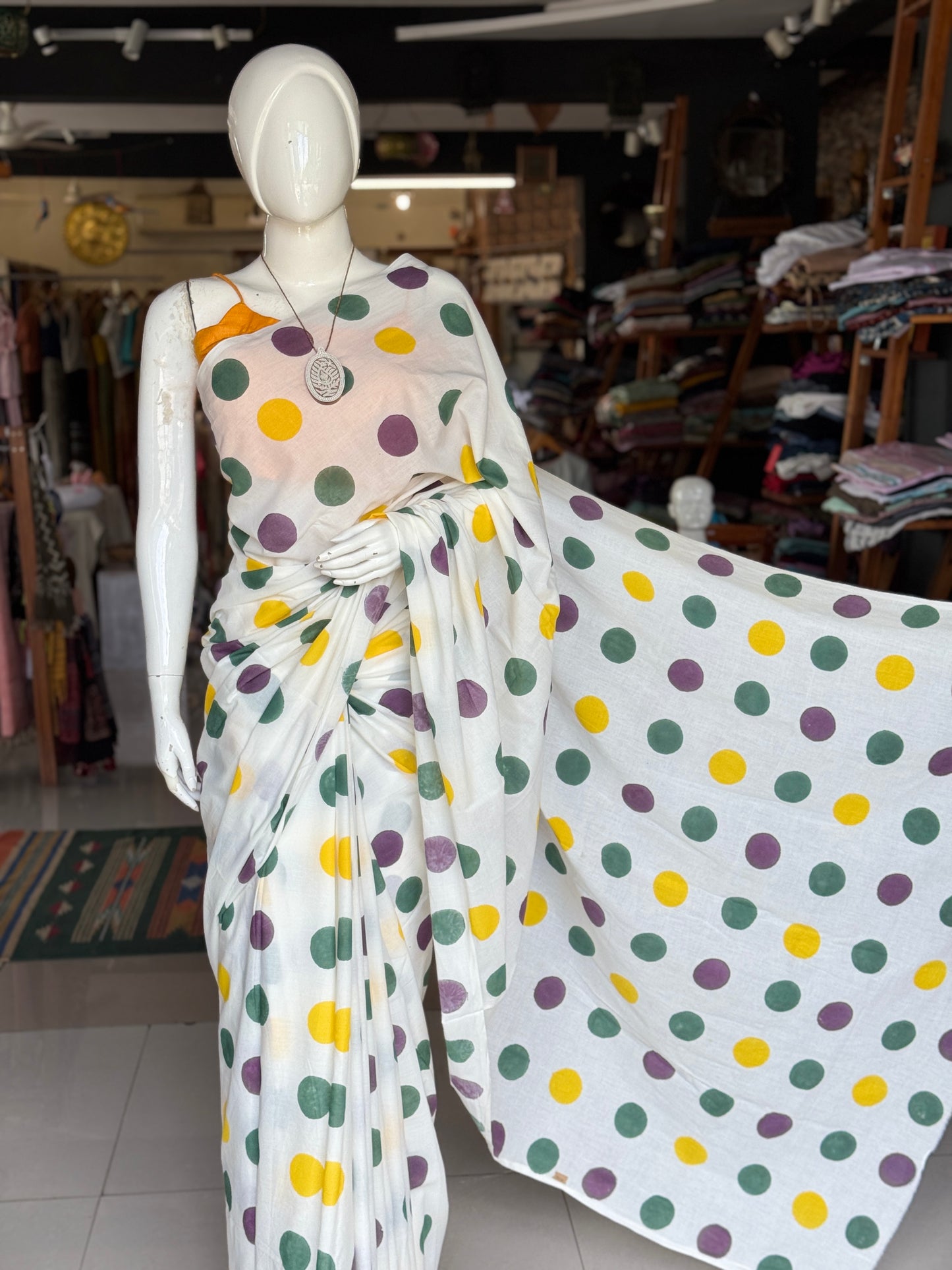 Colorful circles - white hand block printed soft cotton yardage saree