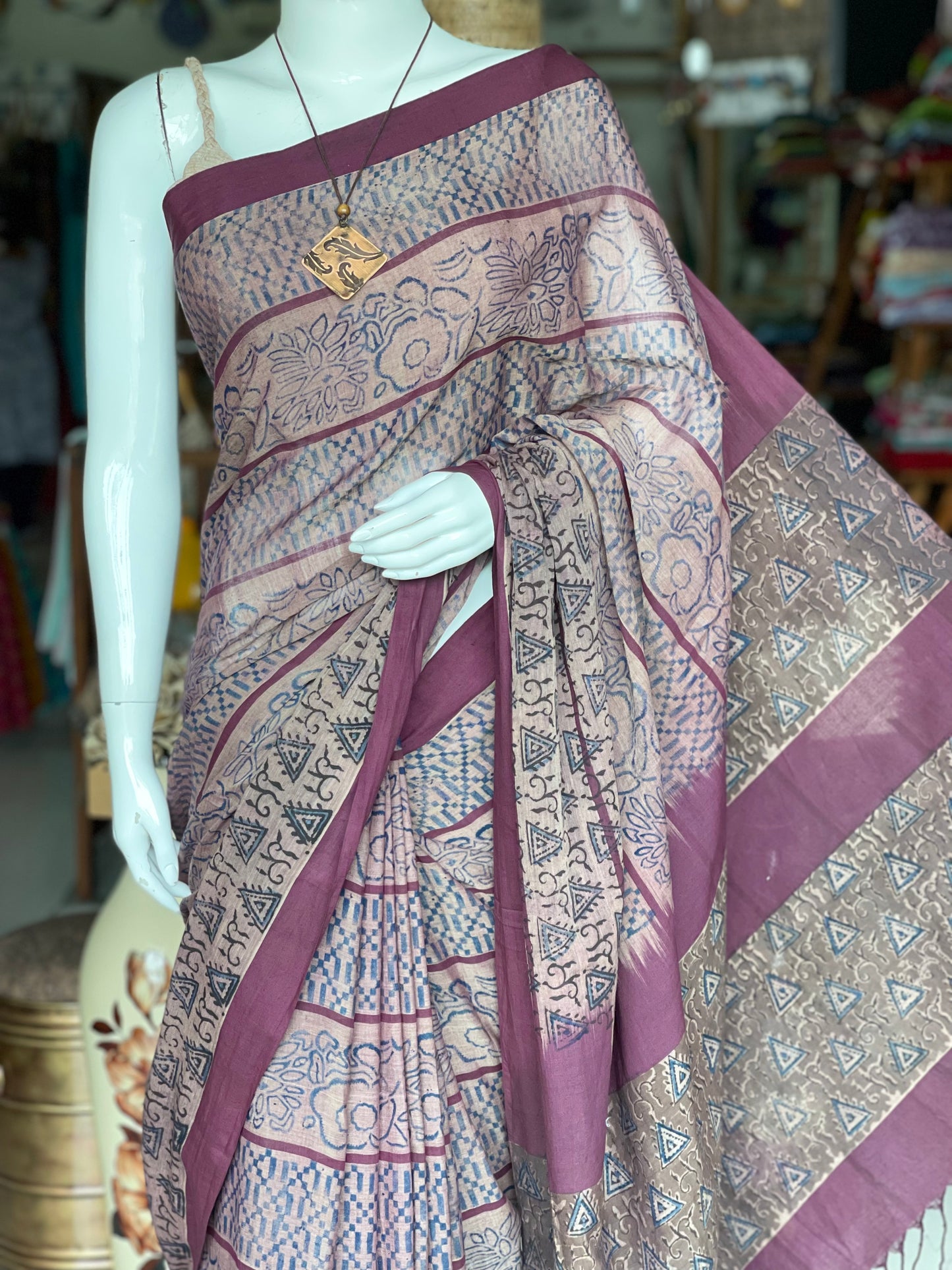 Purple hand block printed natural dyed handloom cotton kalamkari saree