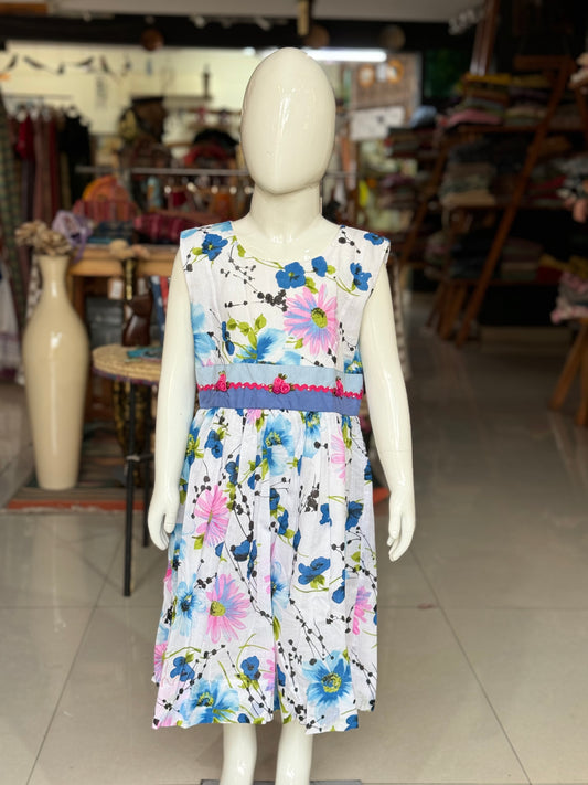 White flowers print cotton frock with ribbon flowers detailing at waist