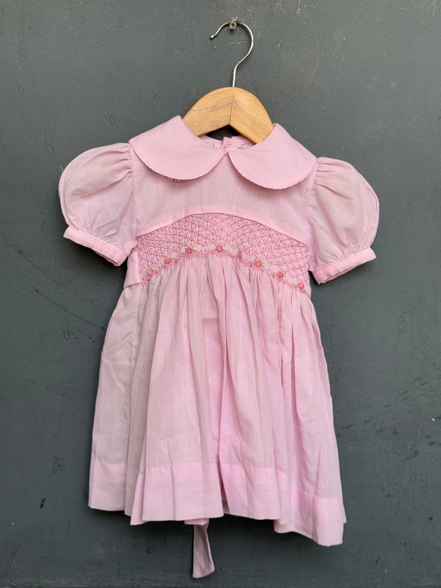 Baby pink hand embroidered smocking cotton frock for little girls