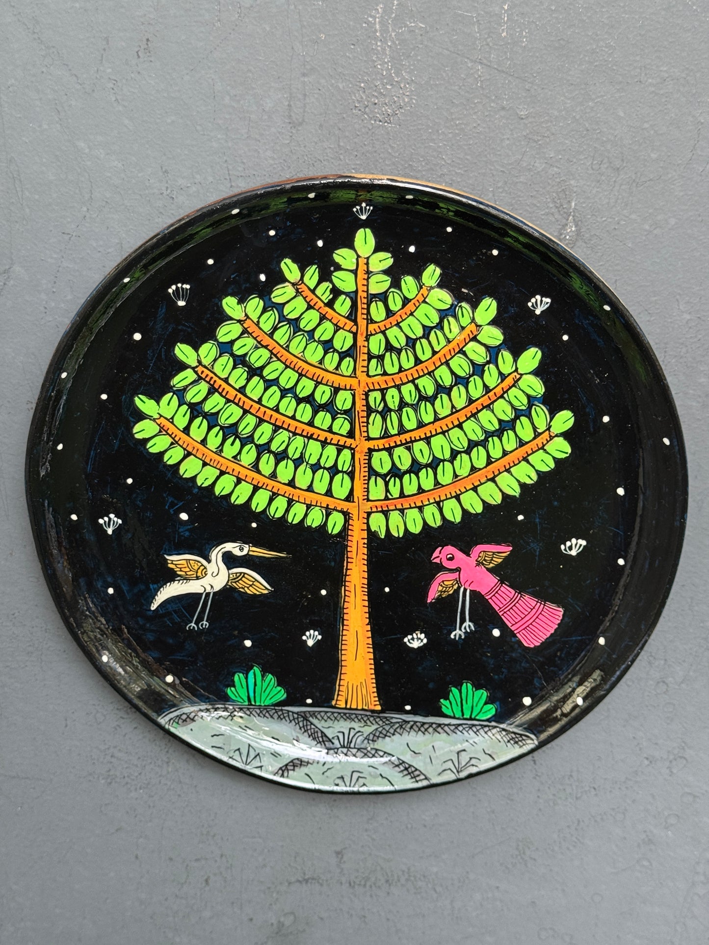 Black tree of life Patachitra hand painted round wooden wall plate