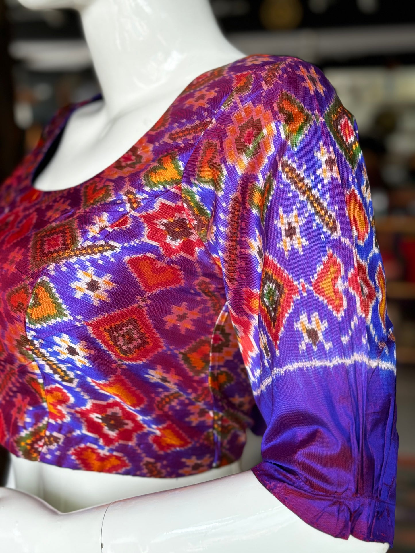 Violet silk Ikat handloom elbow sleeves princess cut back open blouse
