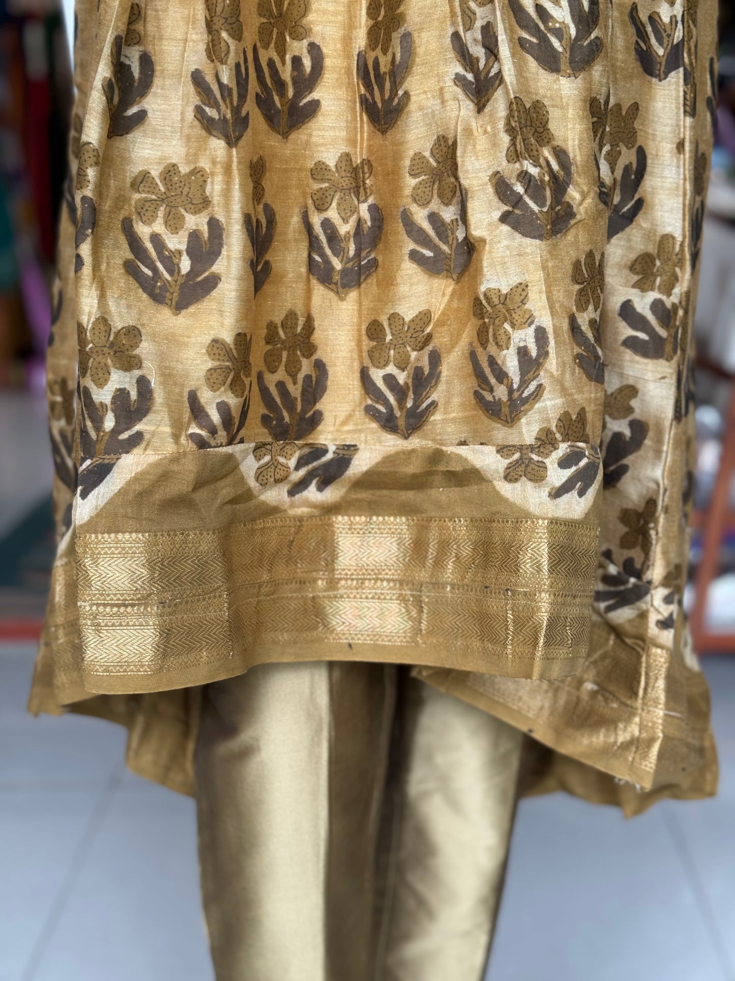 Olive green Vanaspati handblock printed Chanderi dress Kurti