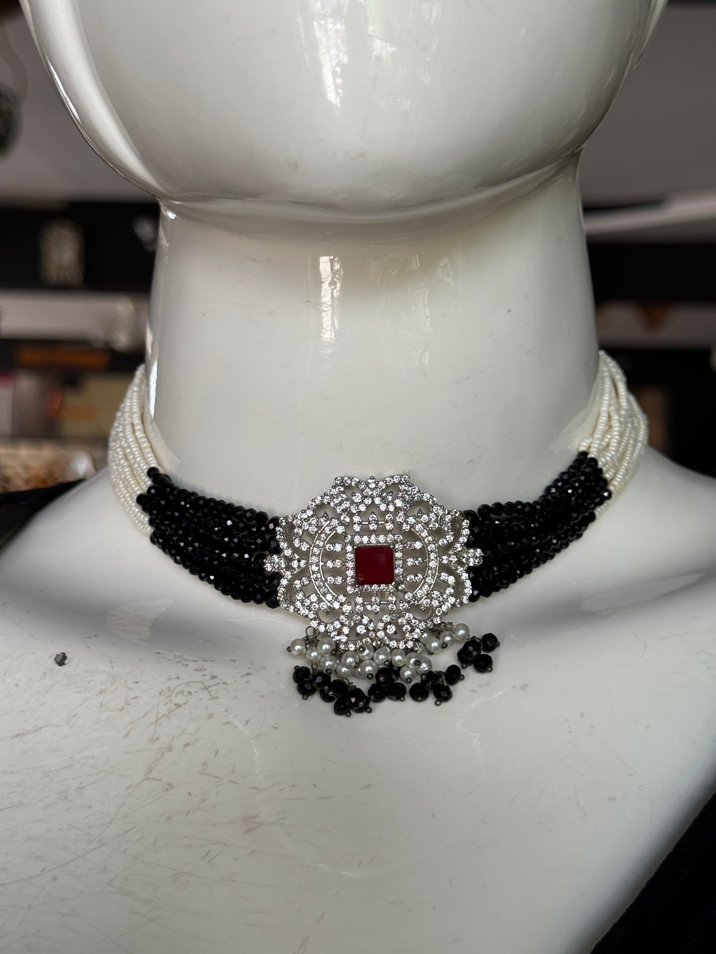 Black n white beads, pink n white stones choker and earrings set in silver tone
