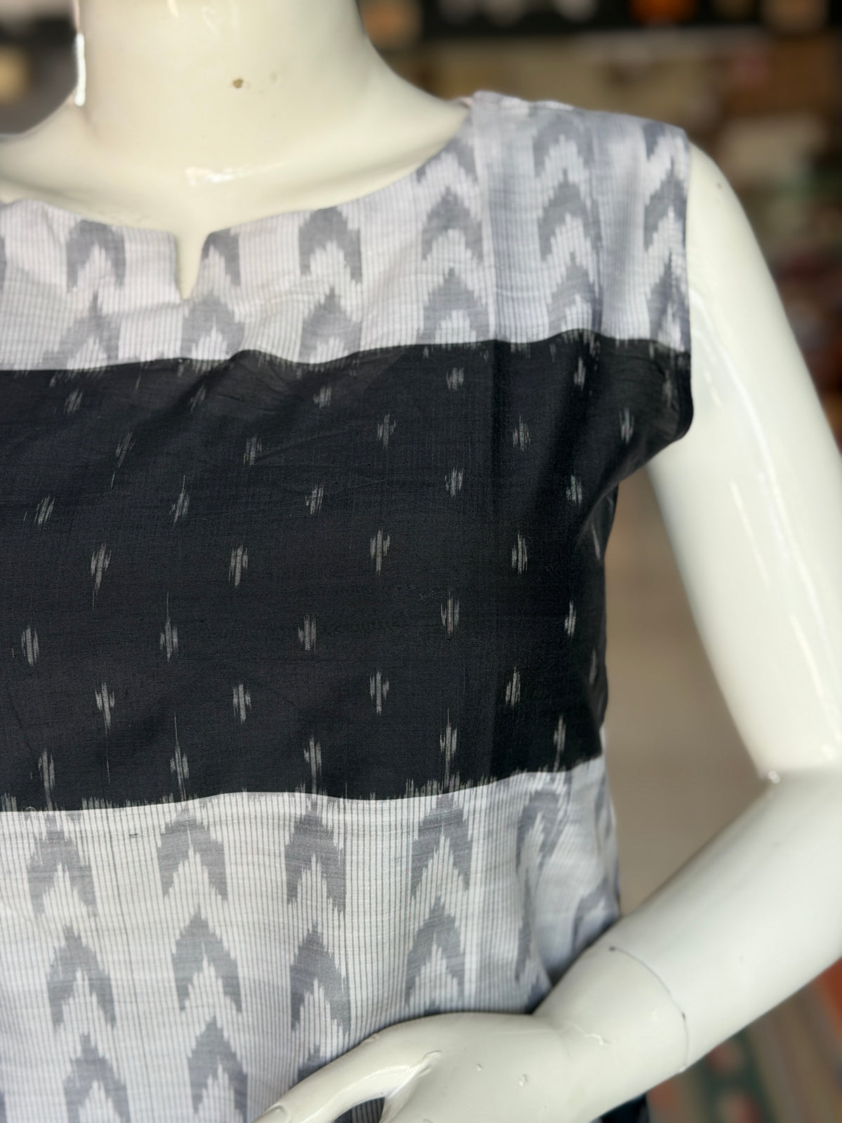 Black and White Ikat handloom silk cotton sleeveless top