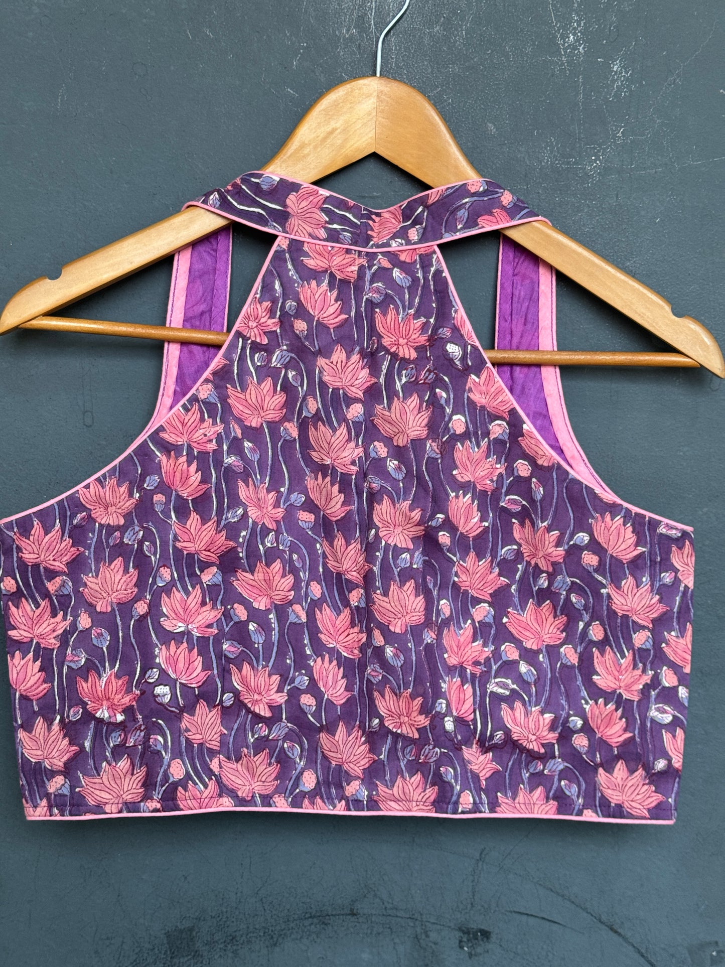 Violet floral hand block printed cotton halter neck blouse
