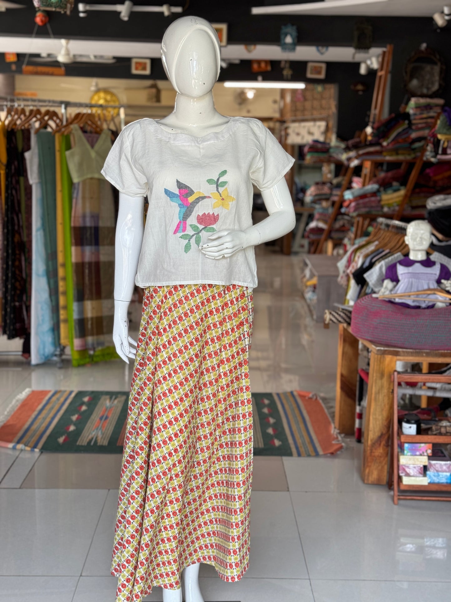 White Jamdani cotton handloom top with bird and flower motif on the front and back with elastic detailing