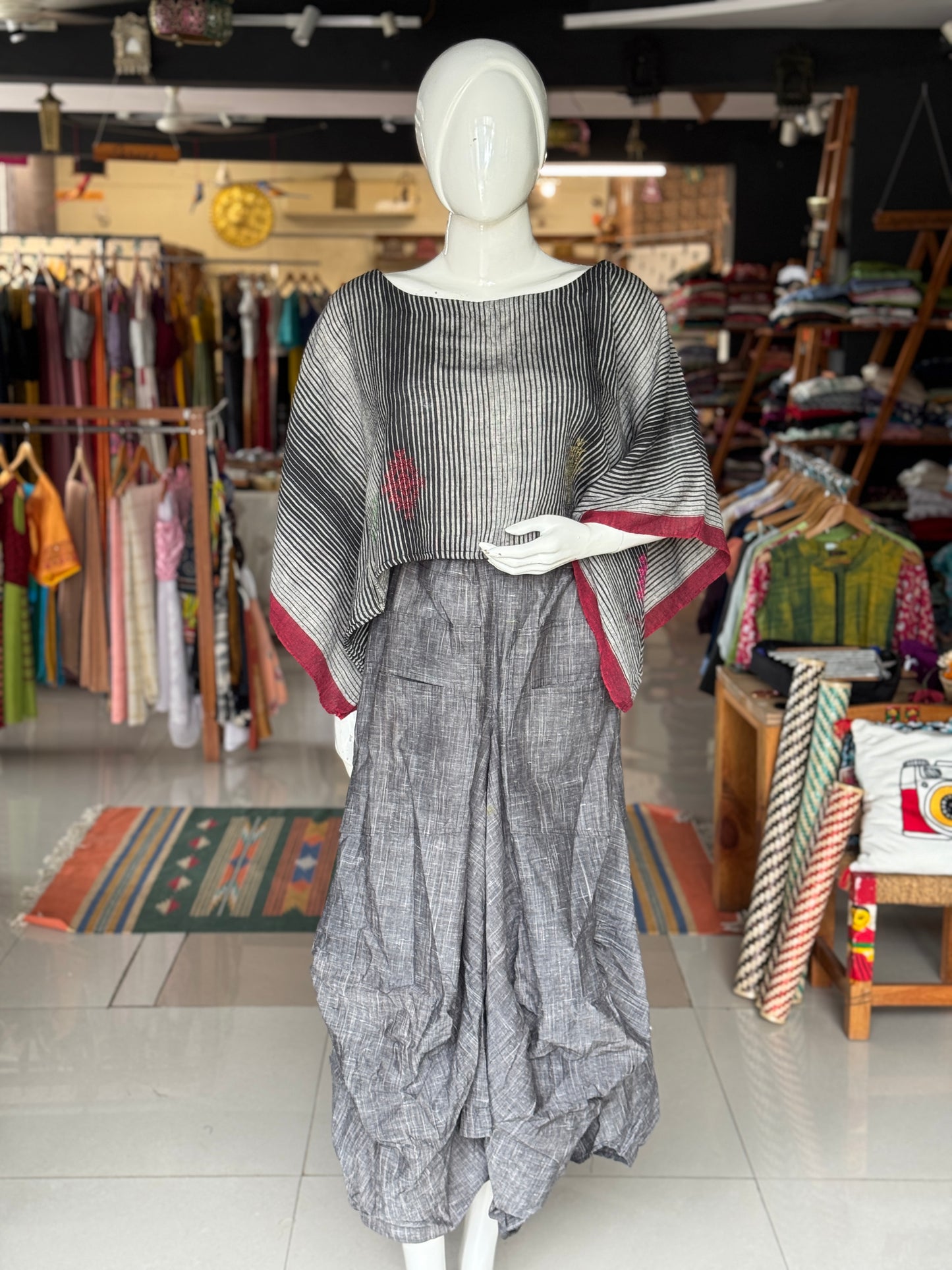 Black and grey handwoven kala cotton kaftan crop top / blouse