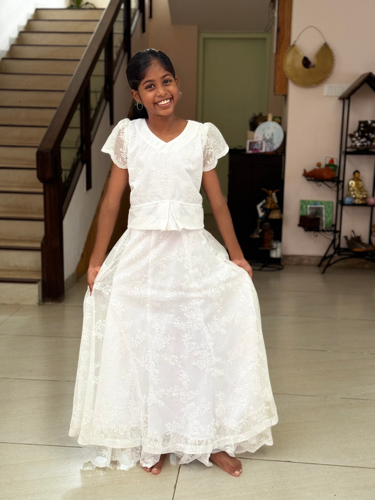 White lace lehenga top set for girls