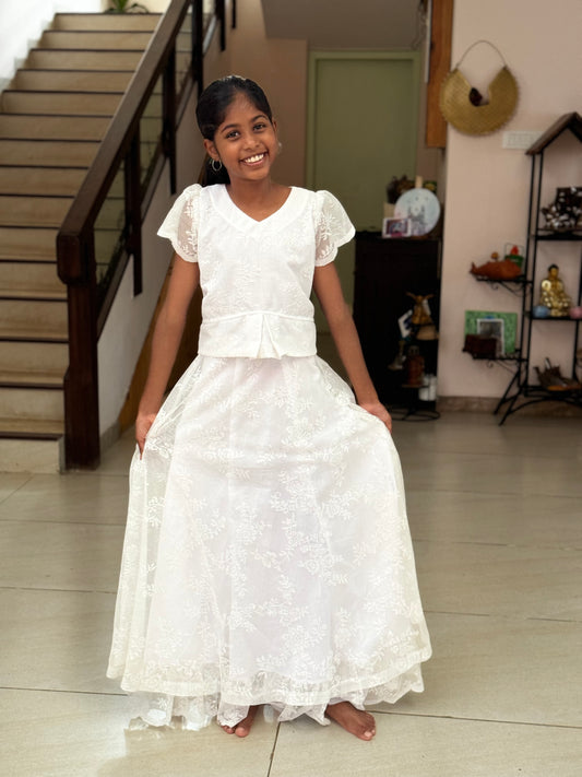 White lace lehenga top set for girls