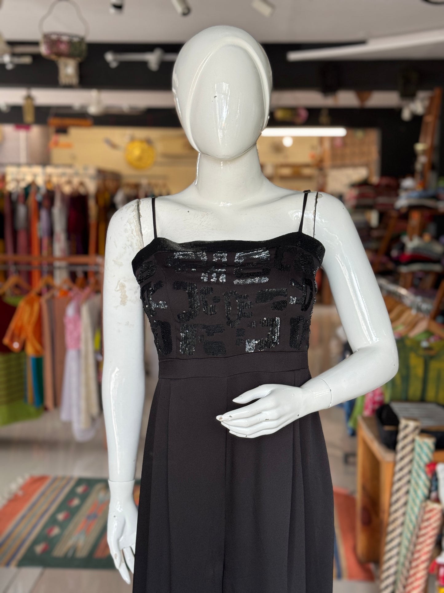 Crepe strappy jumpsuit with hand embellished yoke - color options available