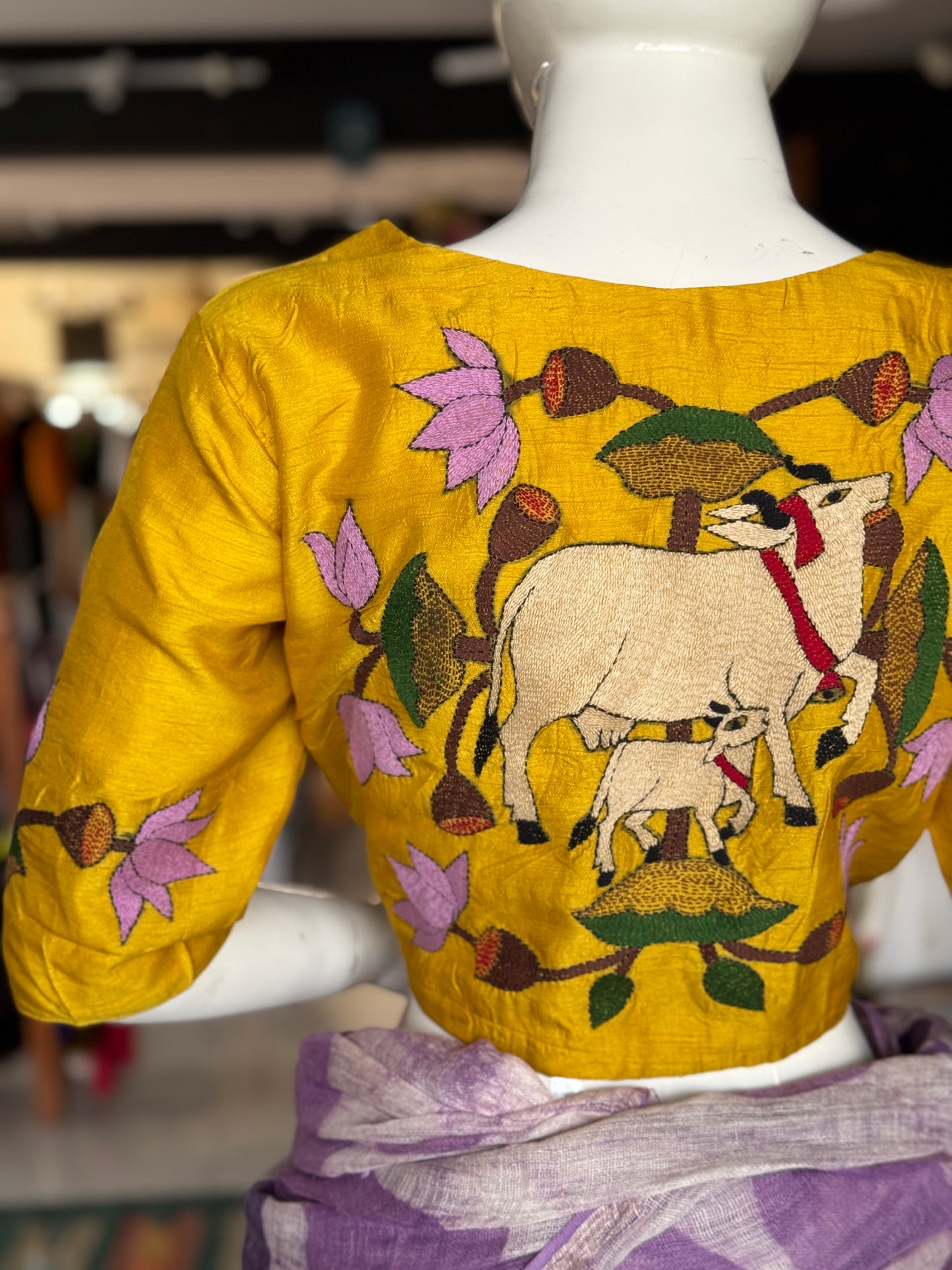 Yellow cow n calf with lotus - Kantha hand embroidered silk blouse