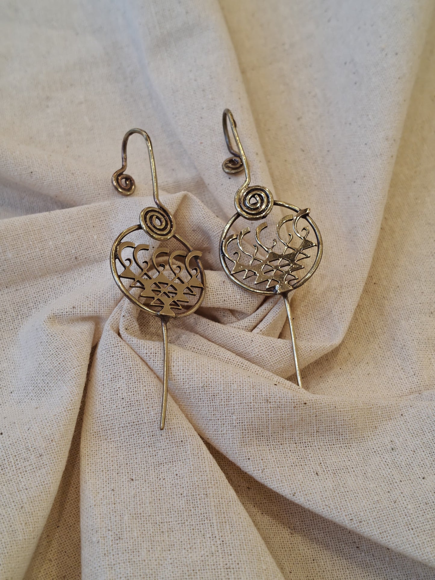 Saraswati yantra ear bugidi / clip ons - designer earrings made of copper and brass