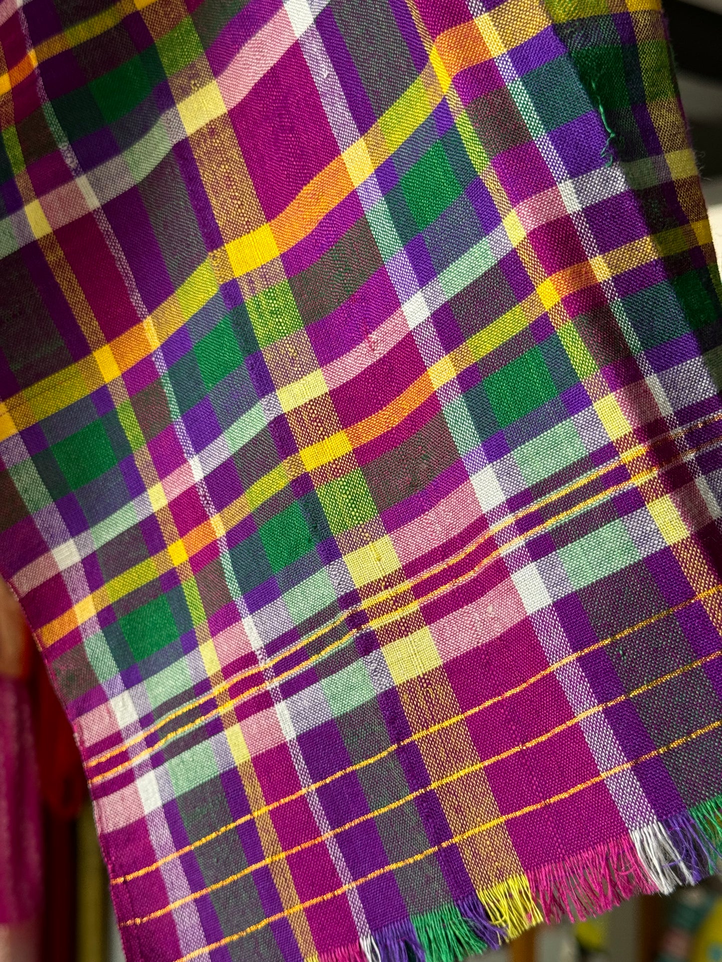 Bright purple checks hand woven cotton stole from Northeast India