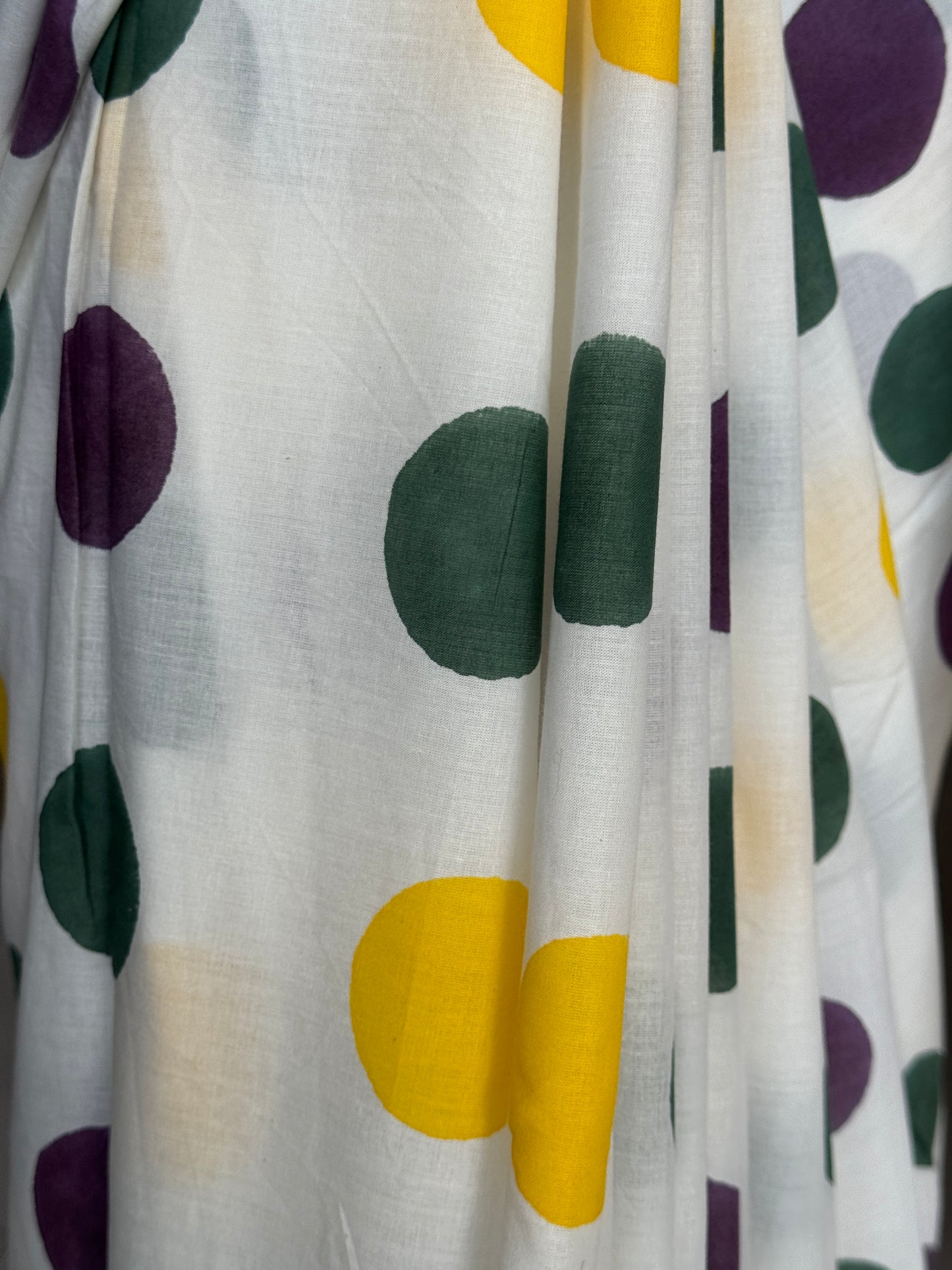Colorful circles - white hand block printed soft cotton yardage saree