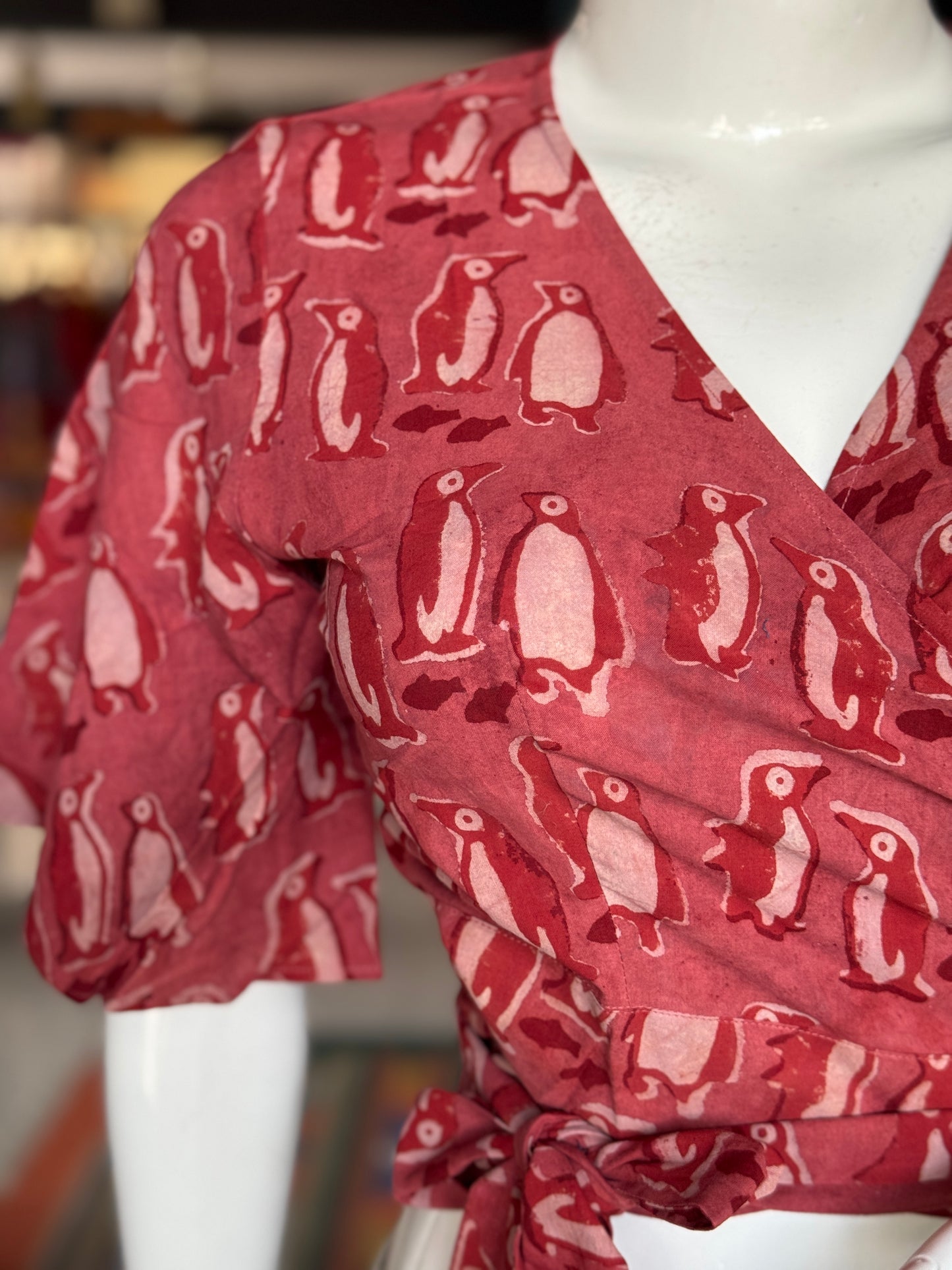 Wrap style free size cotton crop top blouse in natural dyed, hand block printed cotton