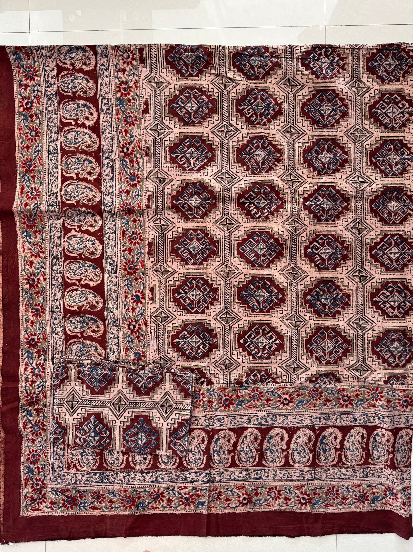 King size Kalamkari hand block printed cotton bedsheet with 2 pillow cases