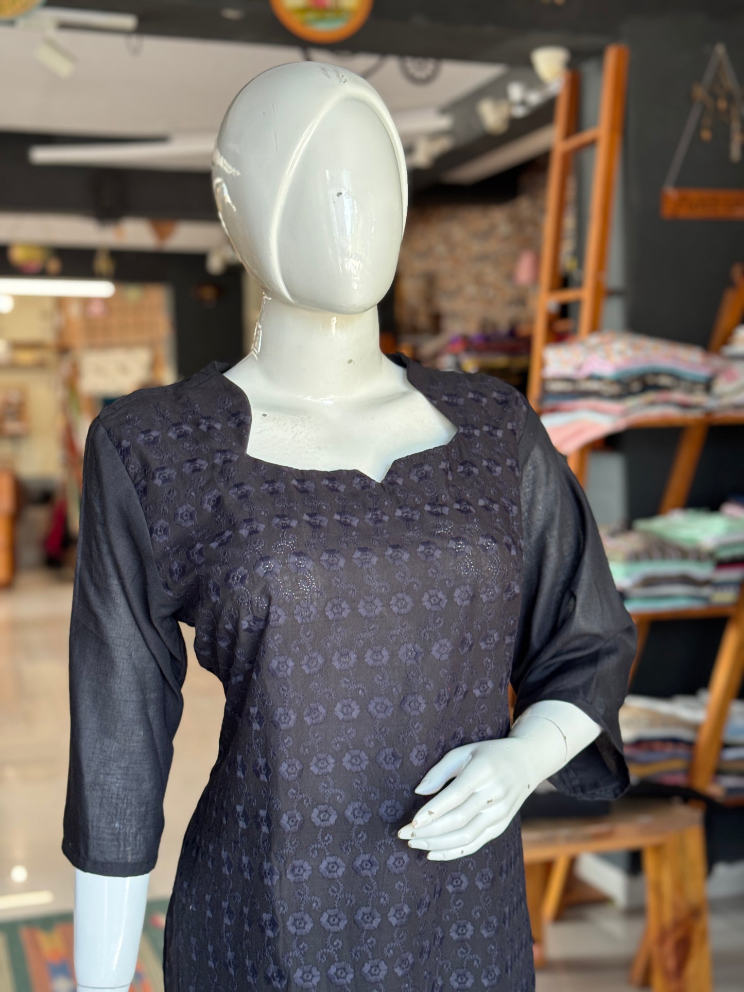 Black machine work cotton kurti straight cotton kurti with plain back