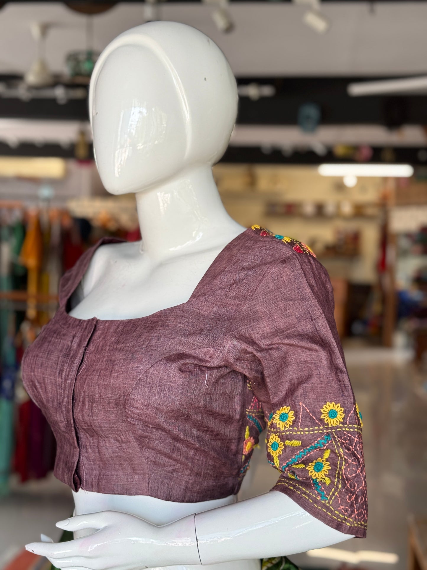 Plum floral hand kantha embroidered silk blouse