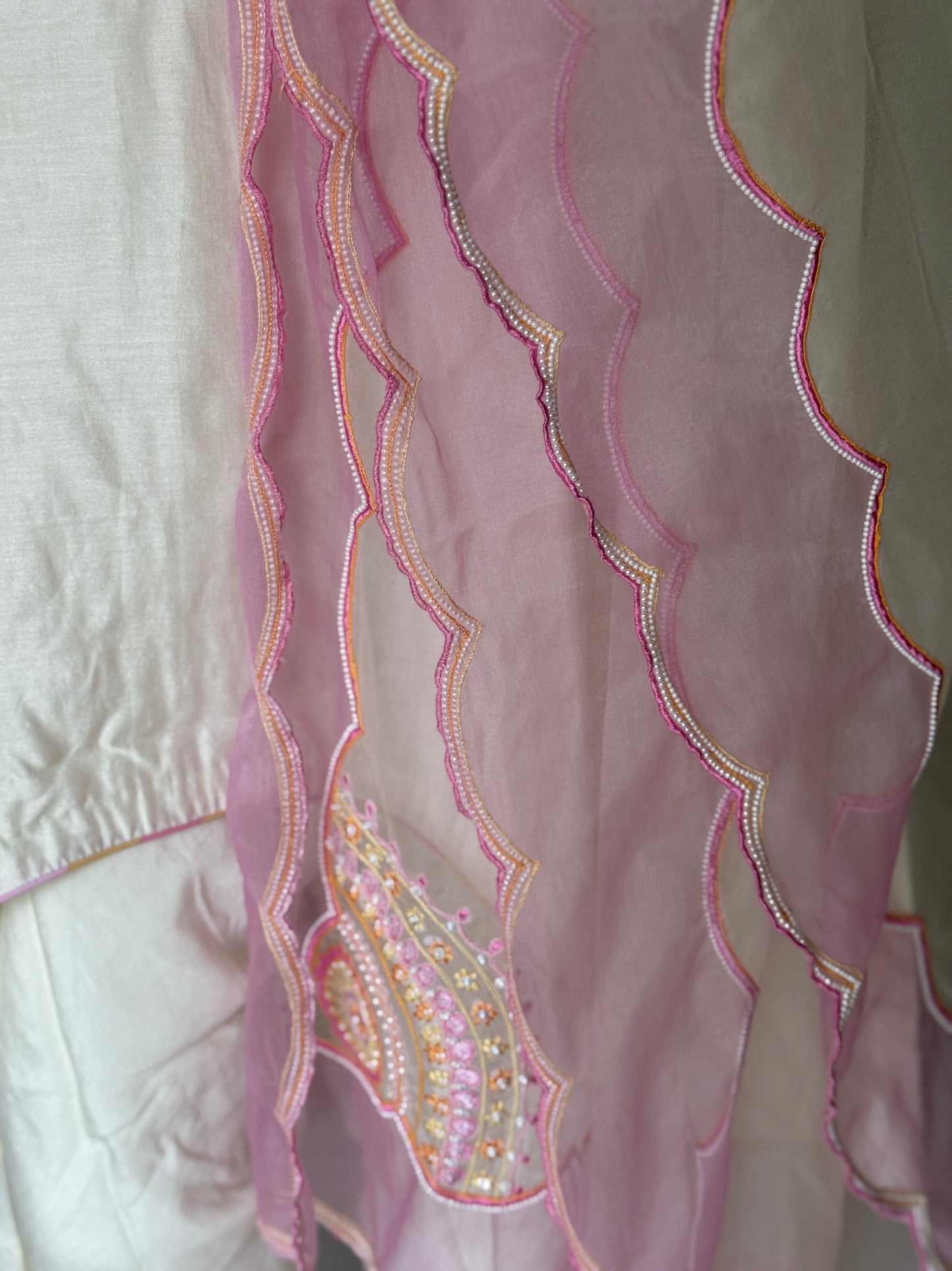 Off white silk cotton embroidered kurta, tulip pants and organza dupatta - 3 piece set