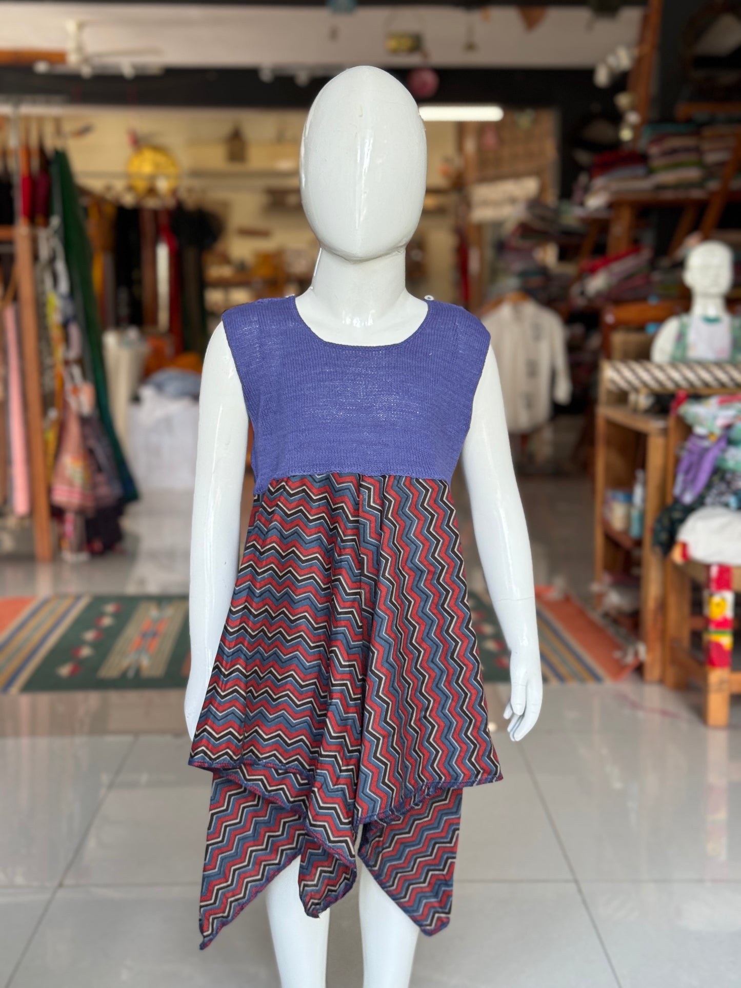 Crochet hand work yoke with hand block printed kerchief cut soft cotton frock