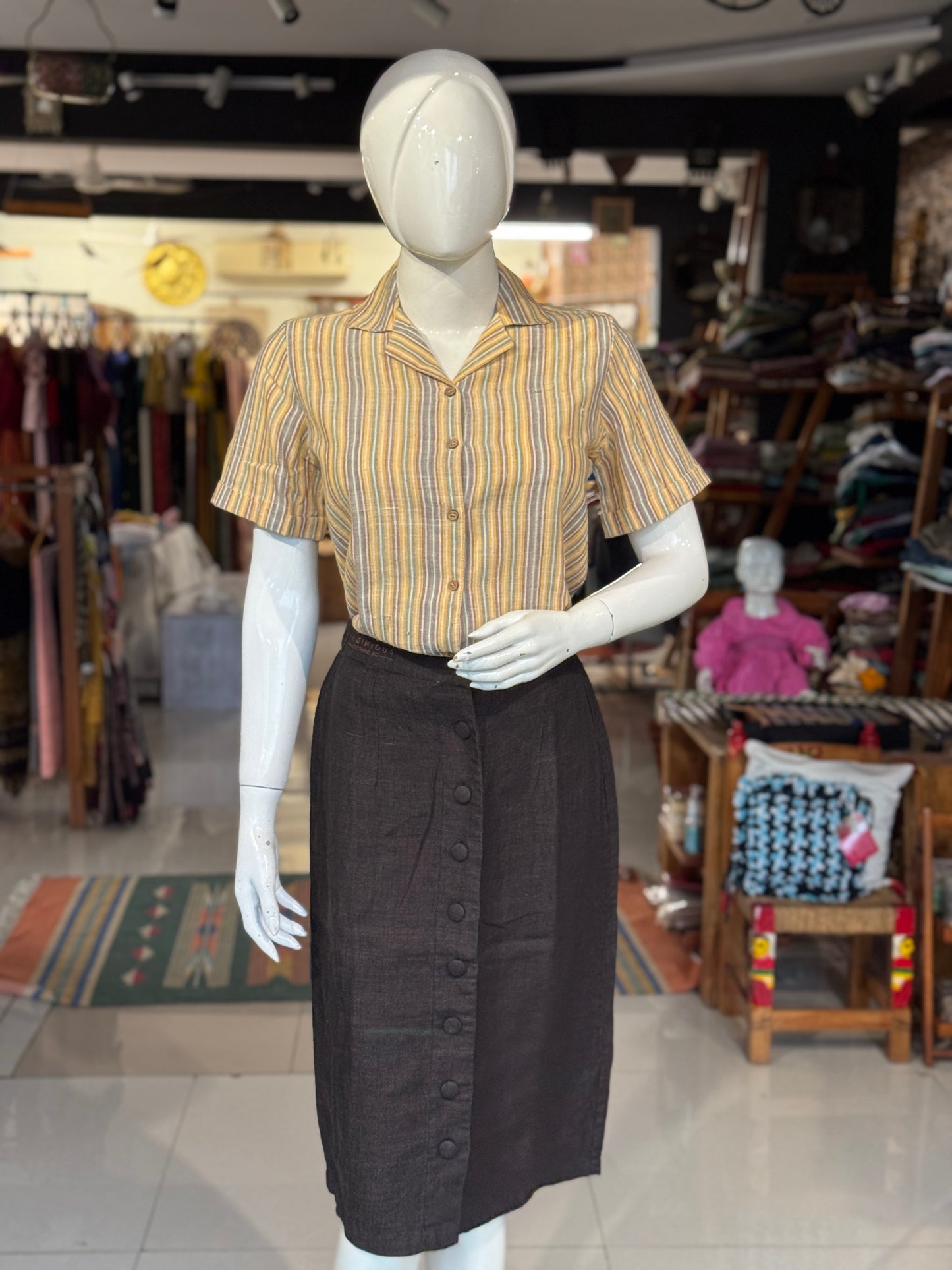 Yellow, green, purple stripes hand woven kala cotton shirt for women